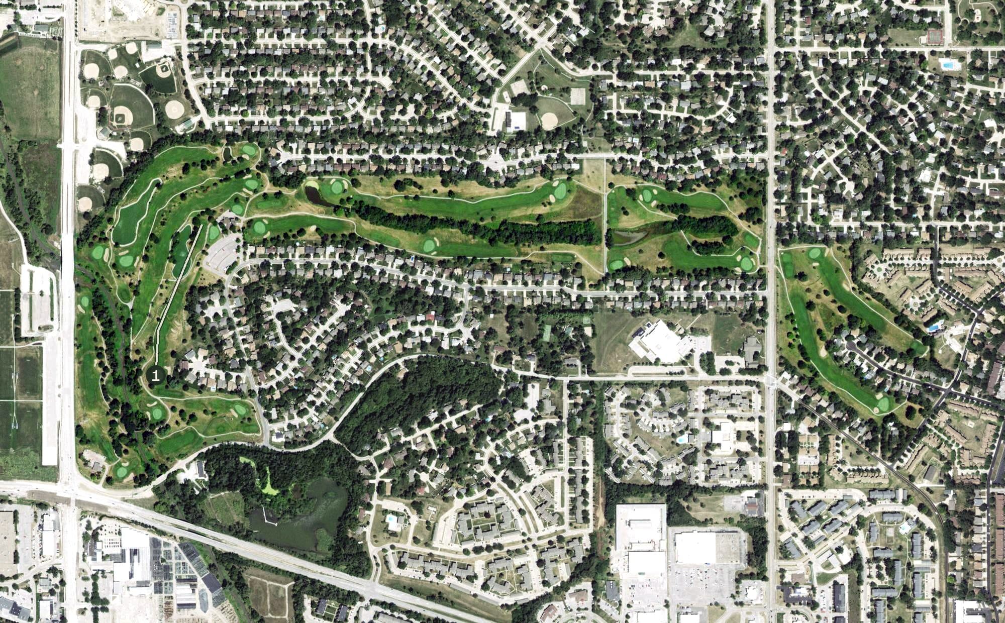Aerial view of The Knolls Golf Course, NE, with its hole routing marked