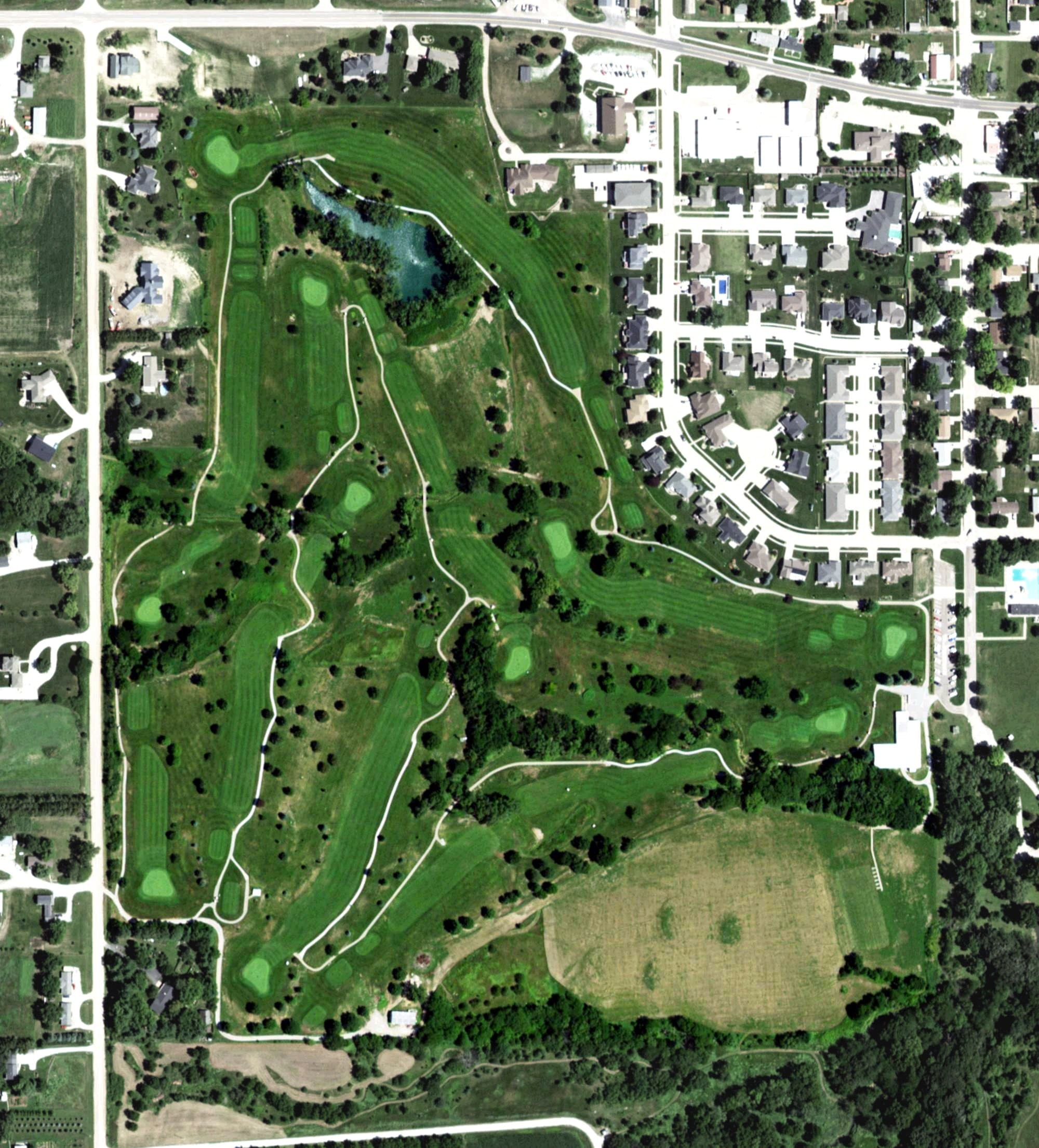 Aerial view of Thornridge Golf Course, NE, with its hole routing marked
