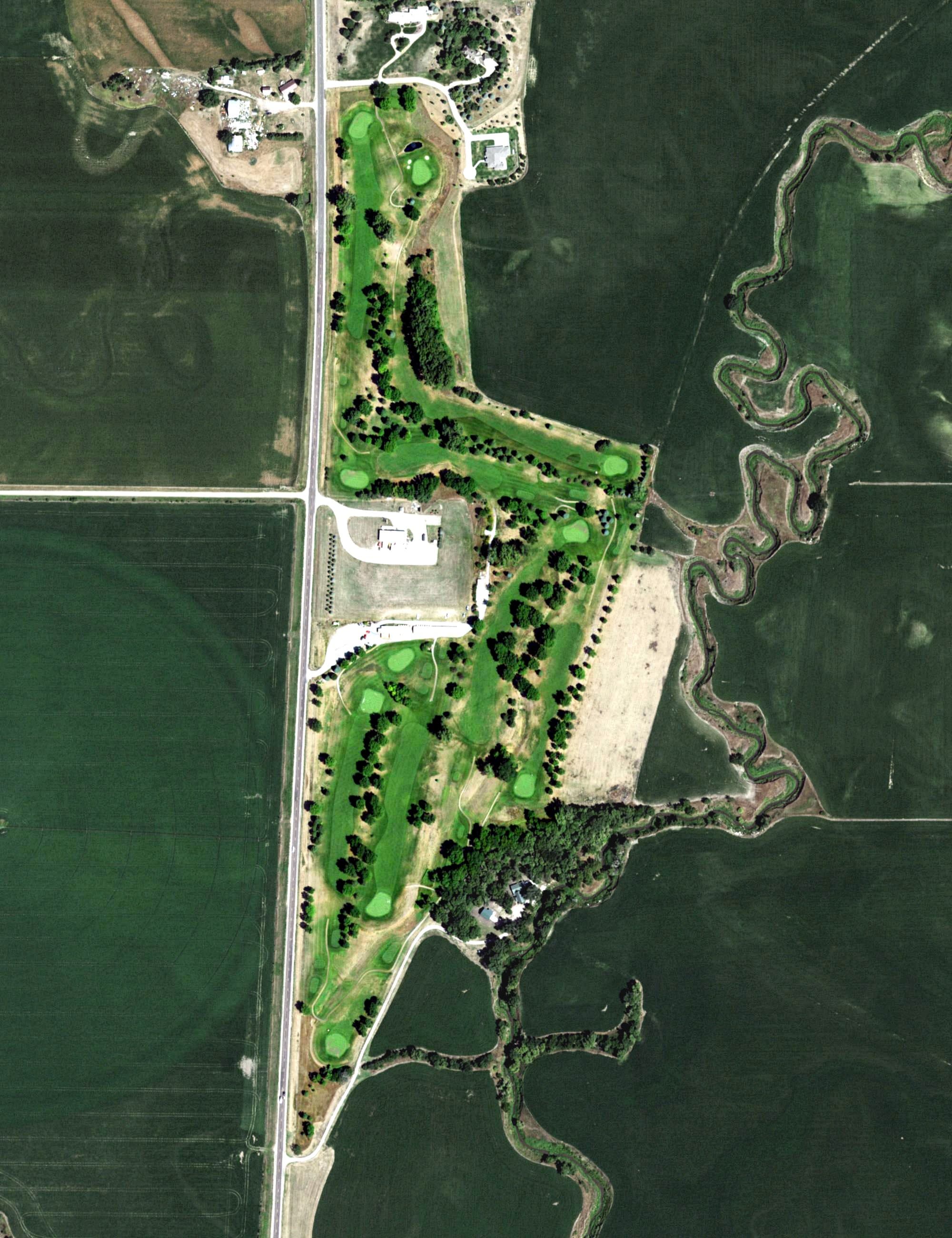 Aerial view of Twin Creeks Golf Course, NE, with its hole routing marked