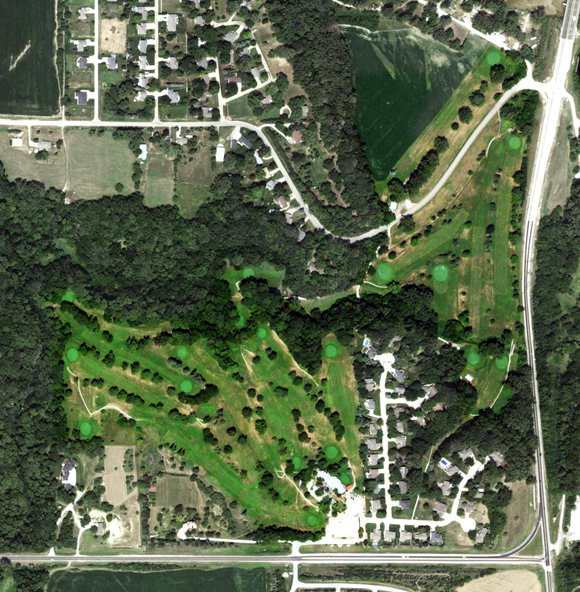 Aerial view of Valley View Golf Course, NE, with its hole routing marked