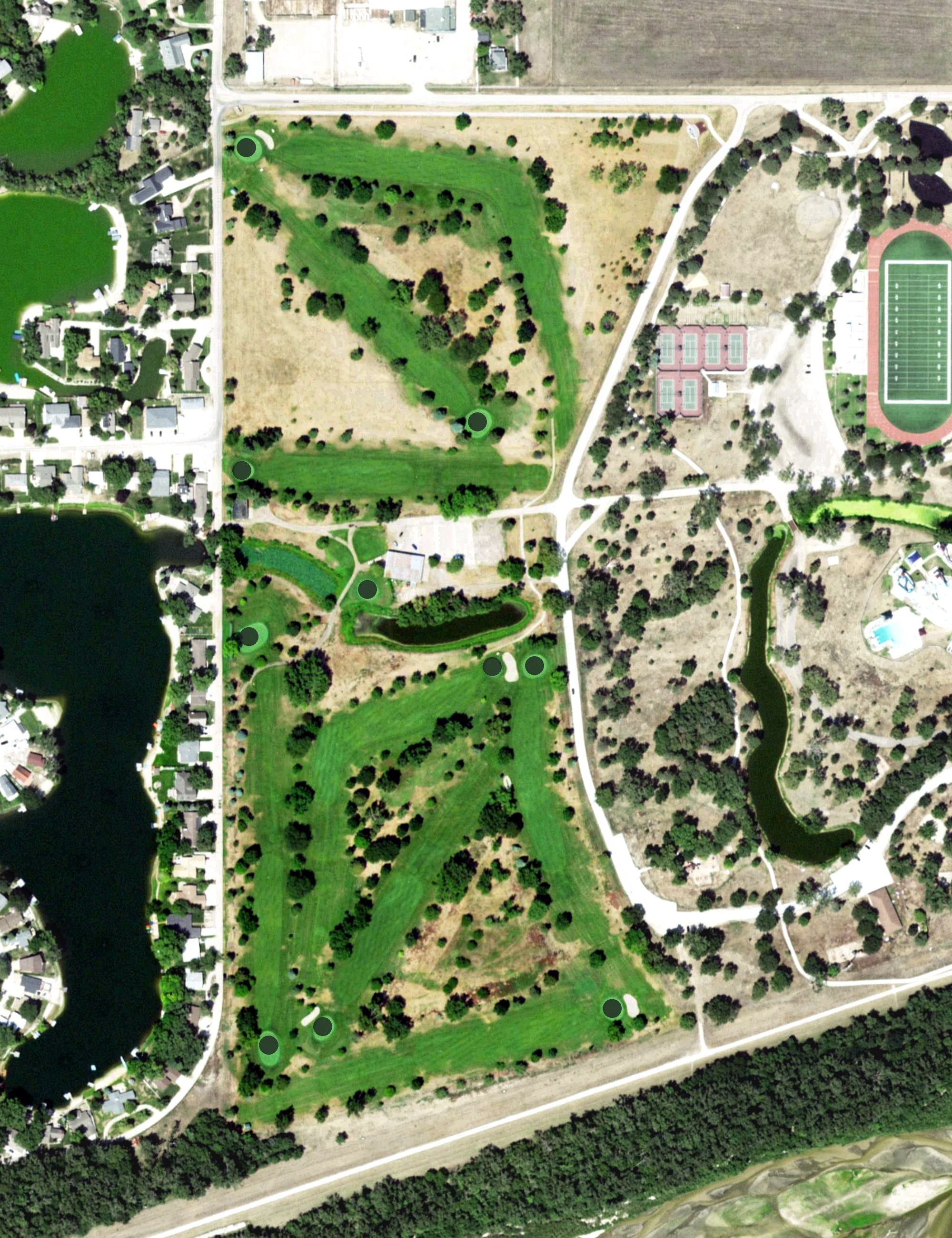 Aerial view of Vanberg Golf Course, NE, with its hole routing marked