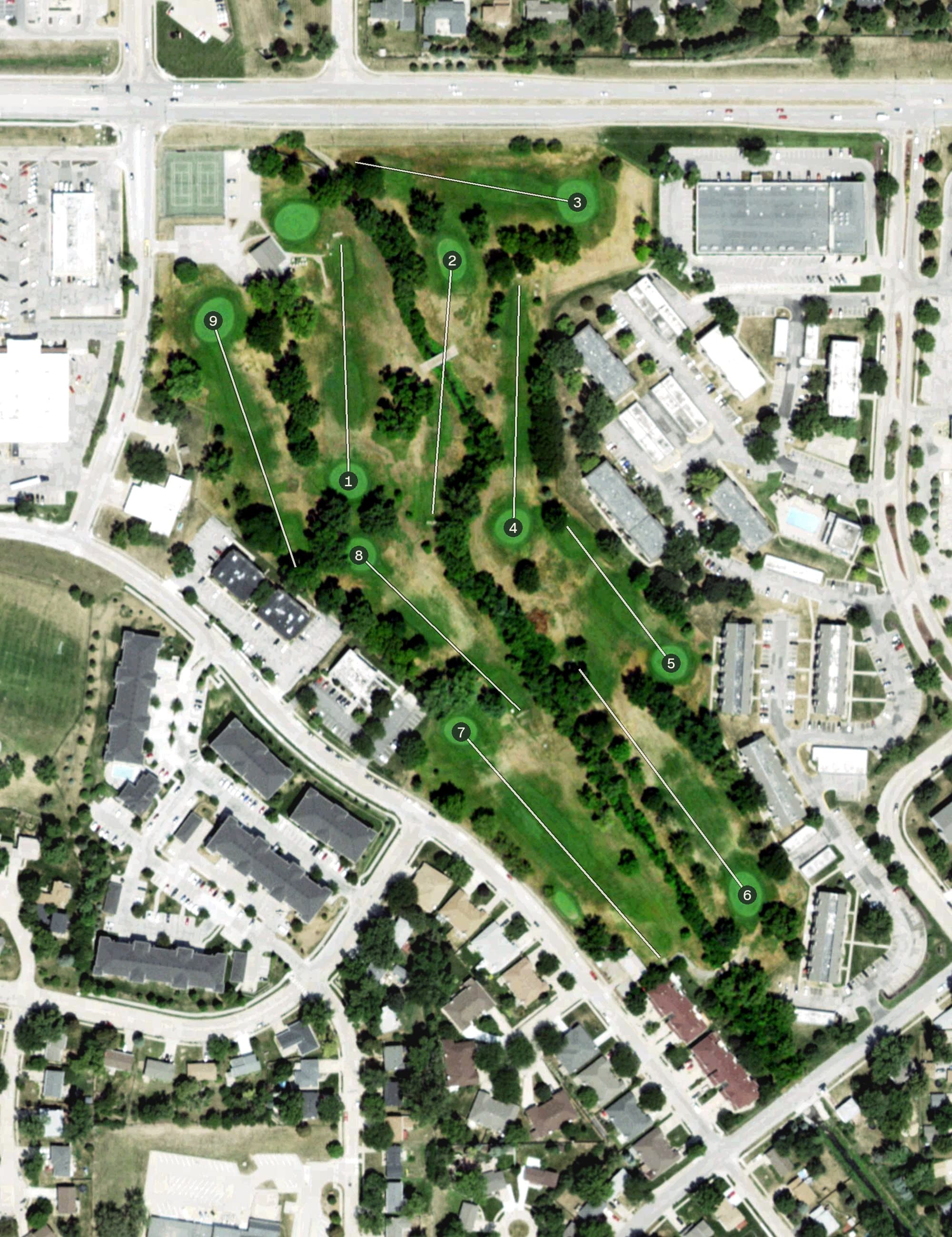 Aerial view of Westwood Golf Course, NE, with its hole routing marked