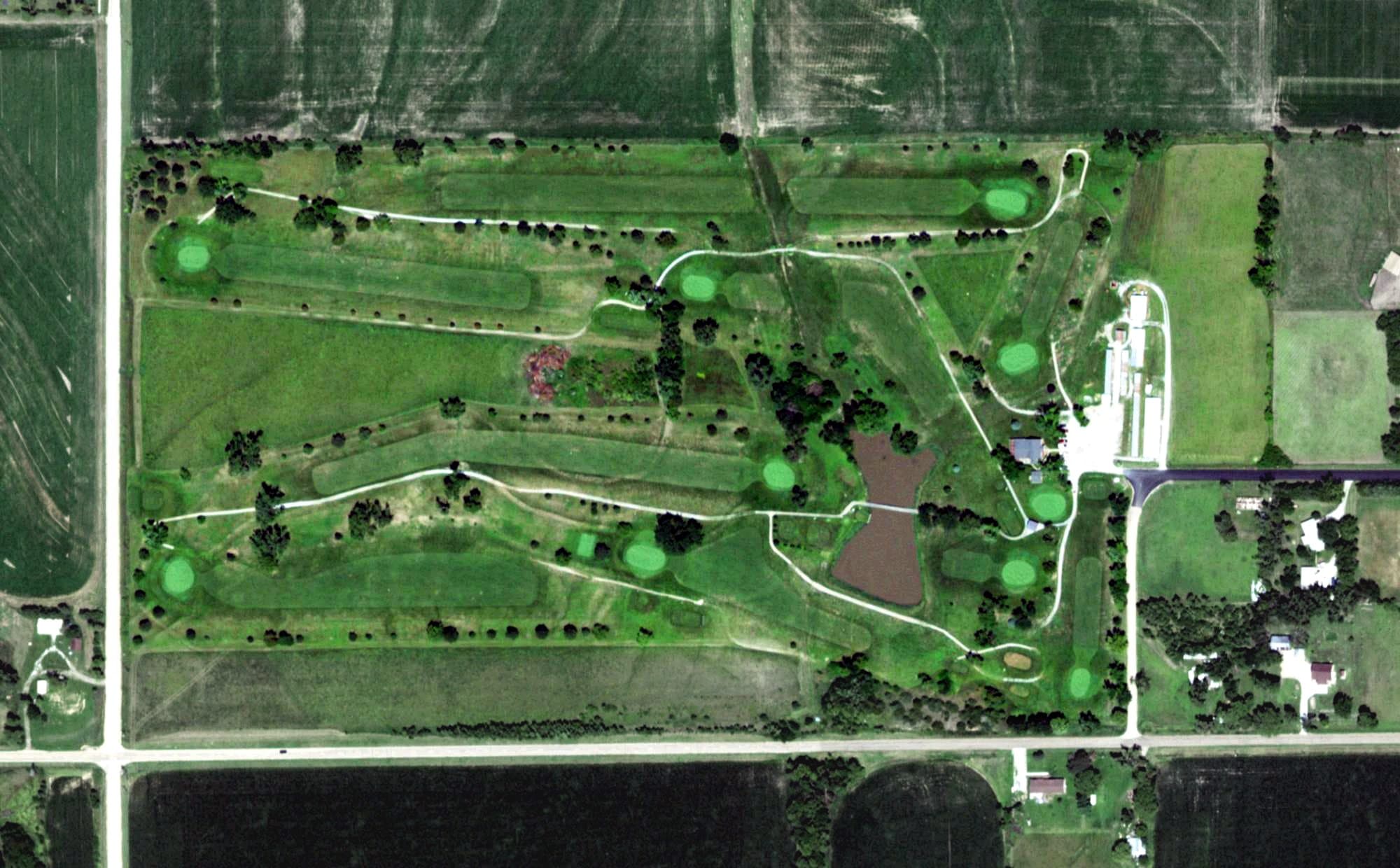 Aerial view of Wymore Country Club, NE, with its hole routing marked