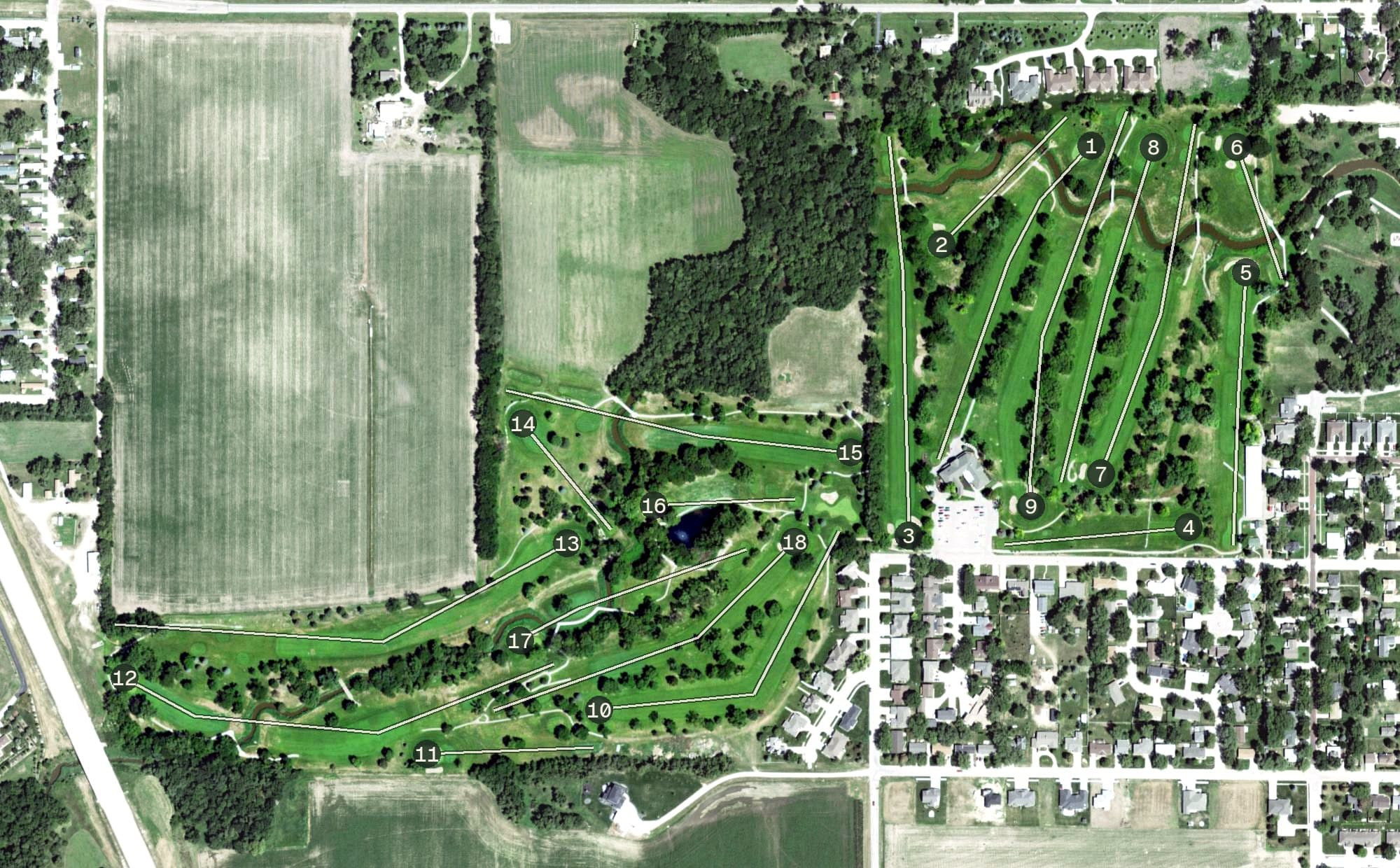 Aerial view of York Country Club, NE, with its hole routing marked