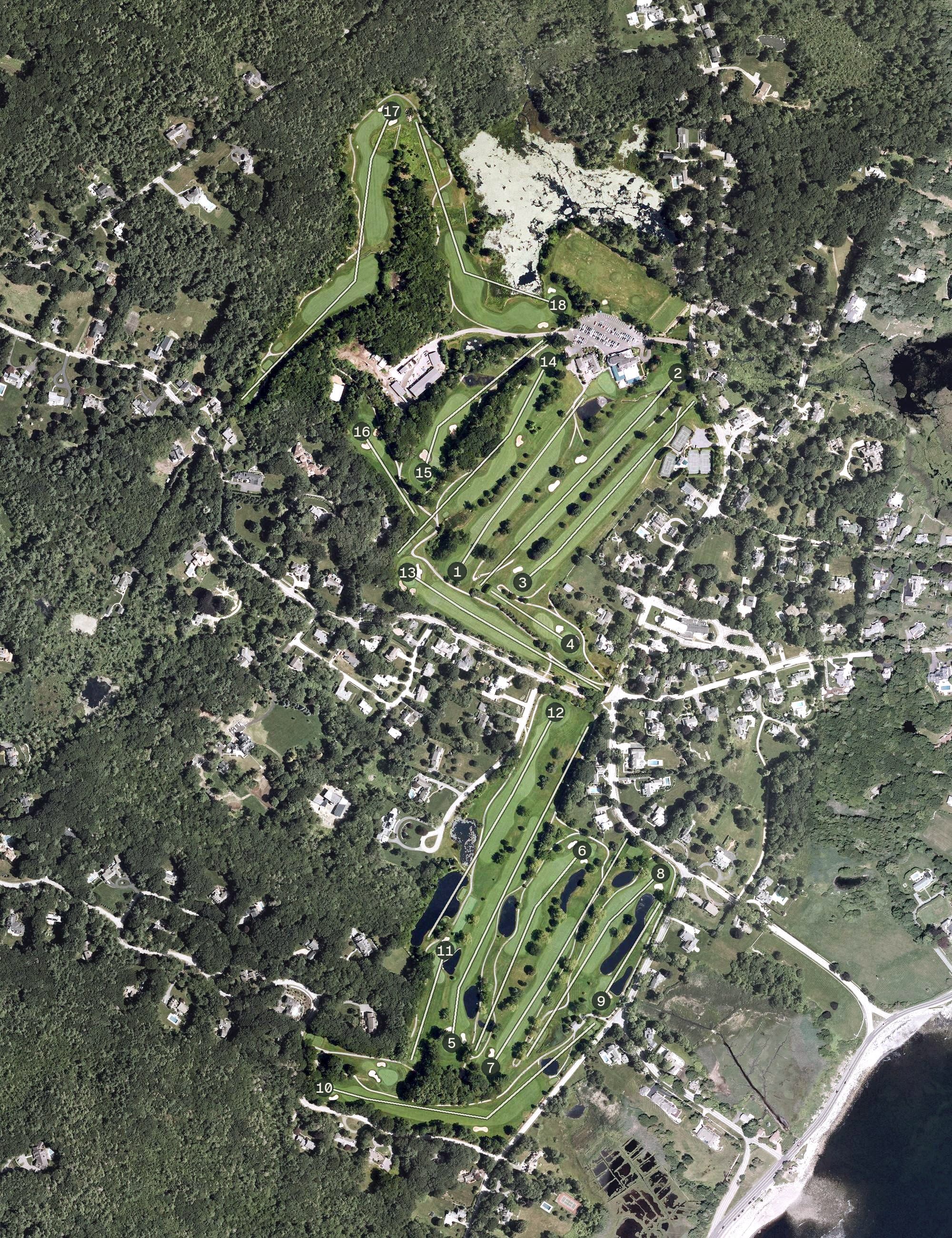 Aerial view of Abenaqui Country Club, NH, with its hole routing marked