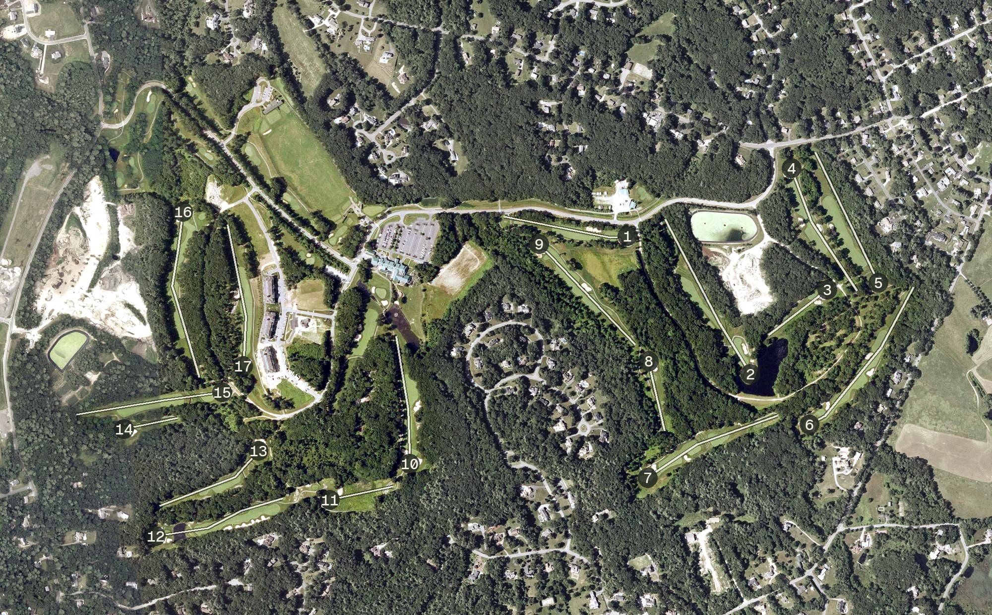 Aerial view of Atkinson Resort & Country Club, NH, with its hole routing marked