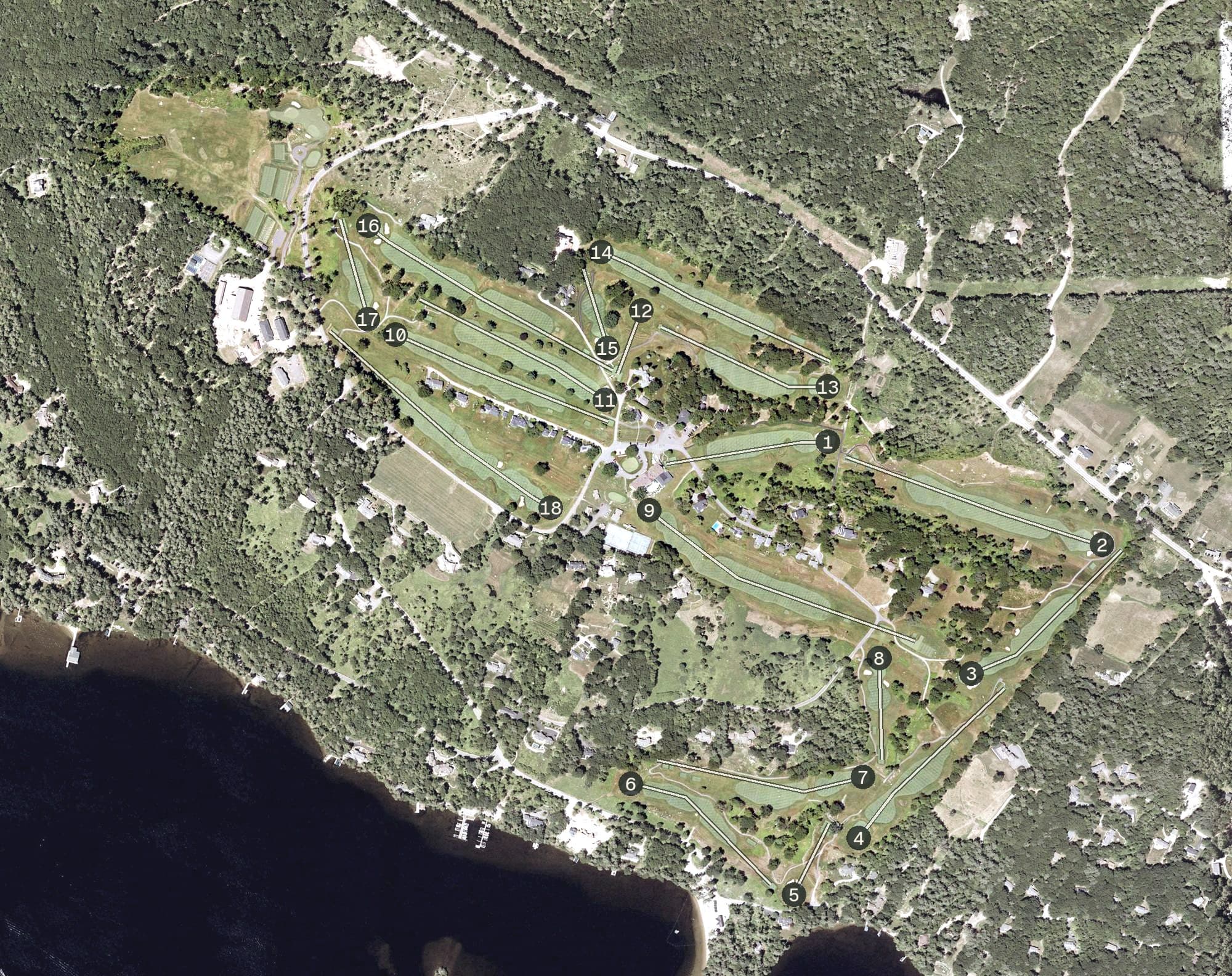 Aerial view of Bald Peak Colony Club, NH, with its hole routing marked