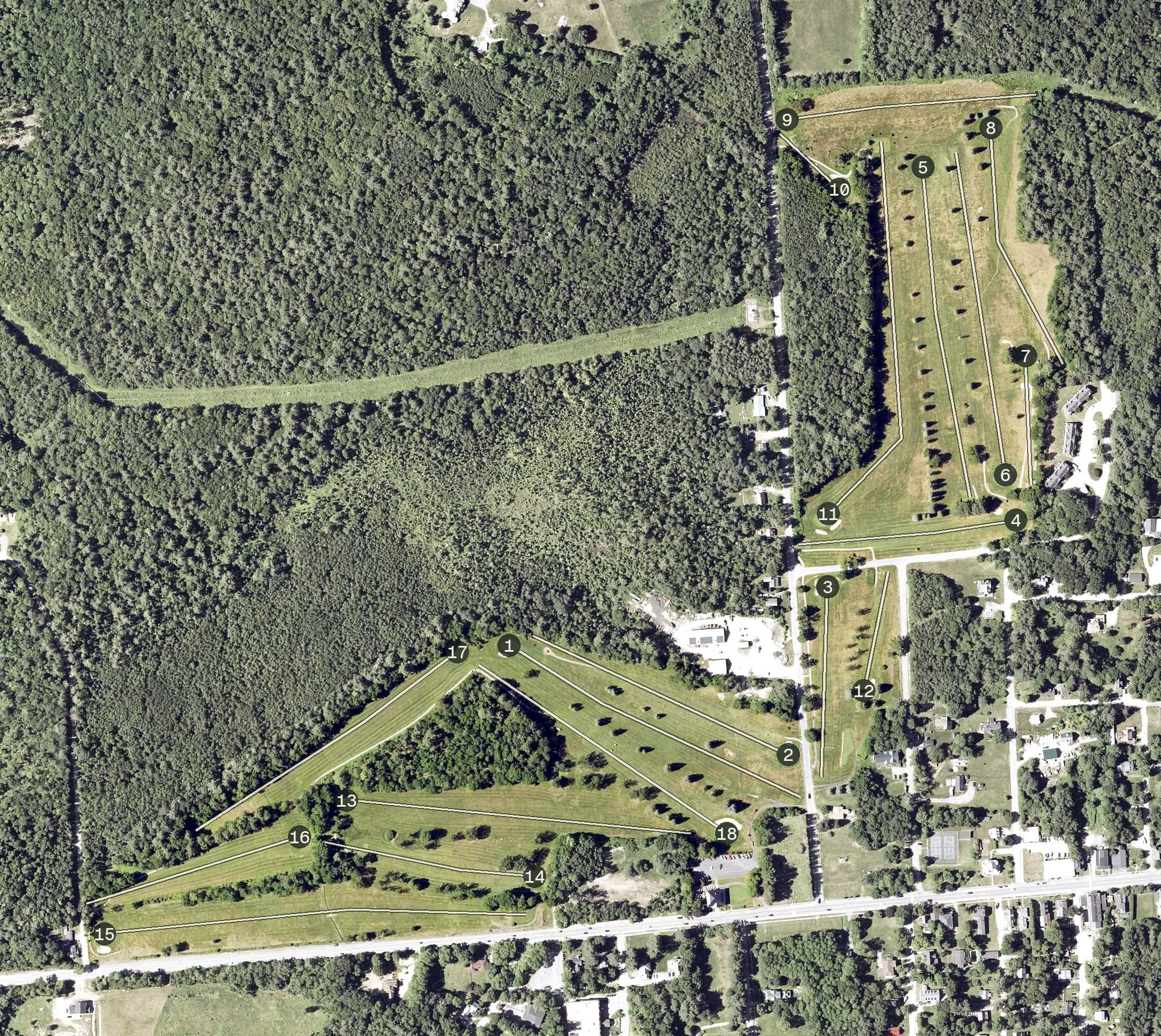 Aerial view of Bethlehem Country Club, NH, with its hole routing marked