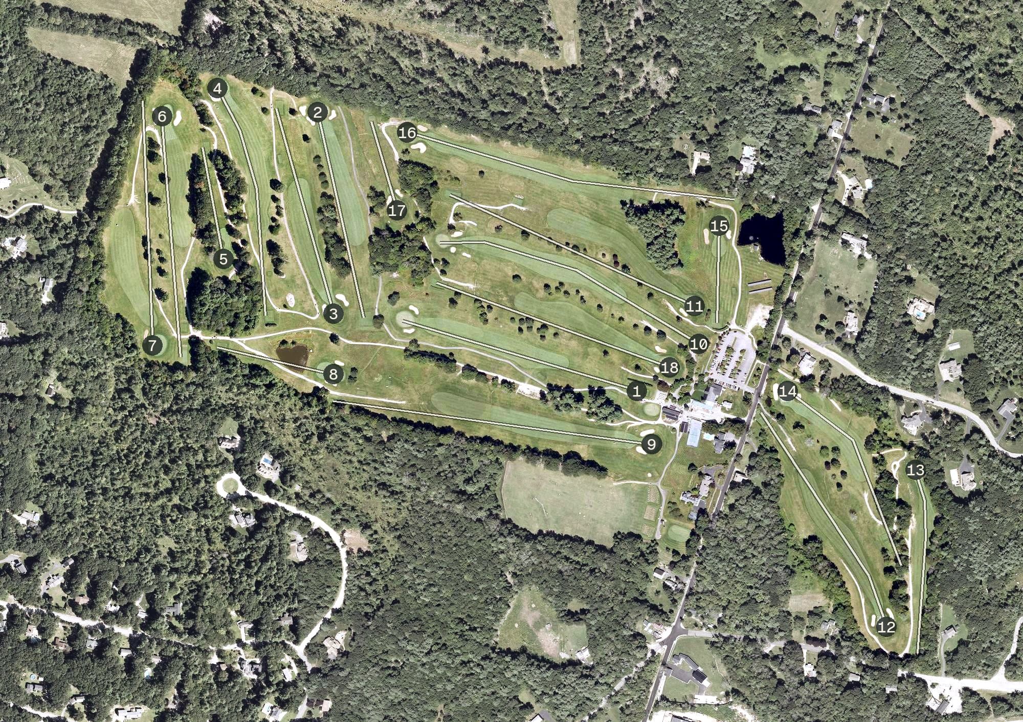 Aerial view of Candia Woods, NH, with its hole routing marked