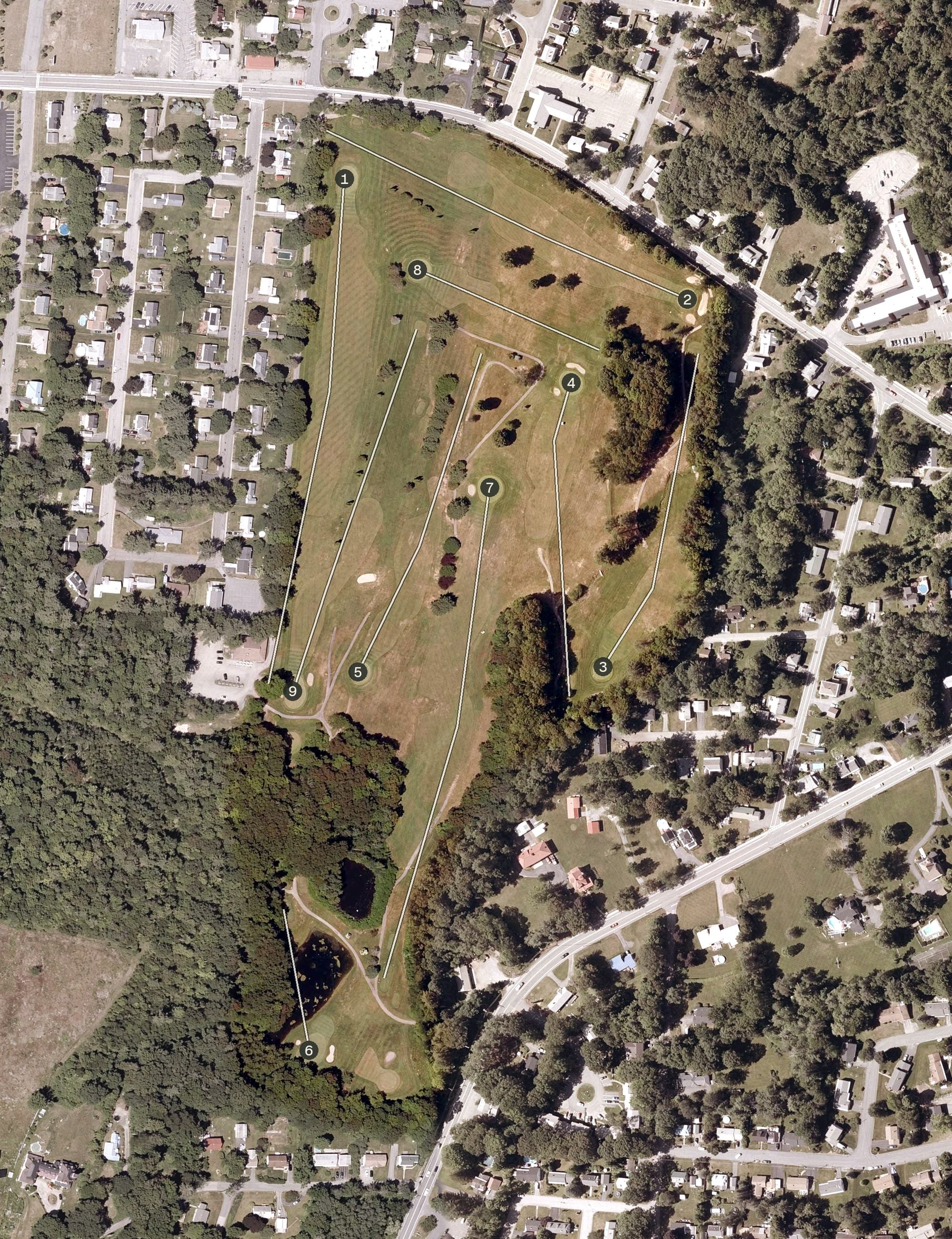 Aerial view of Claremont Country Club, NH, with its hole routing marked