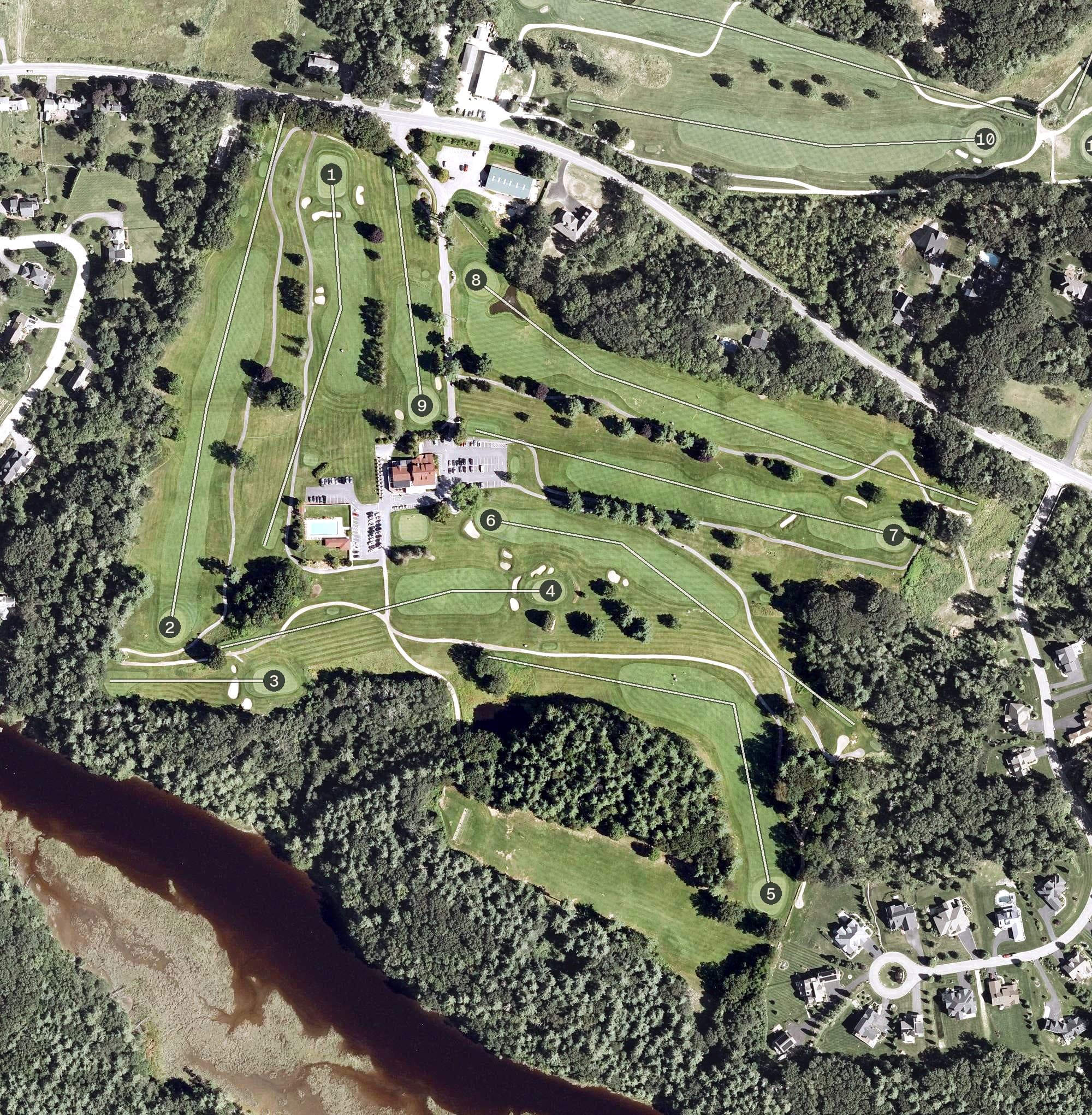 Aerial view of Cochecho Country Club, NH, with its hole routing marked