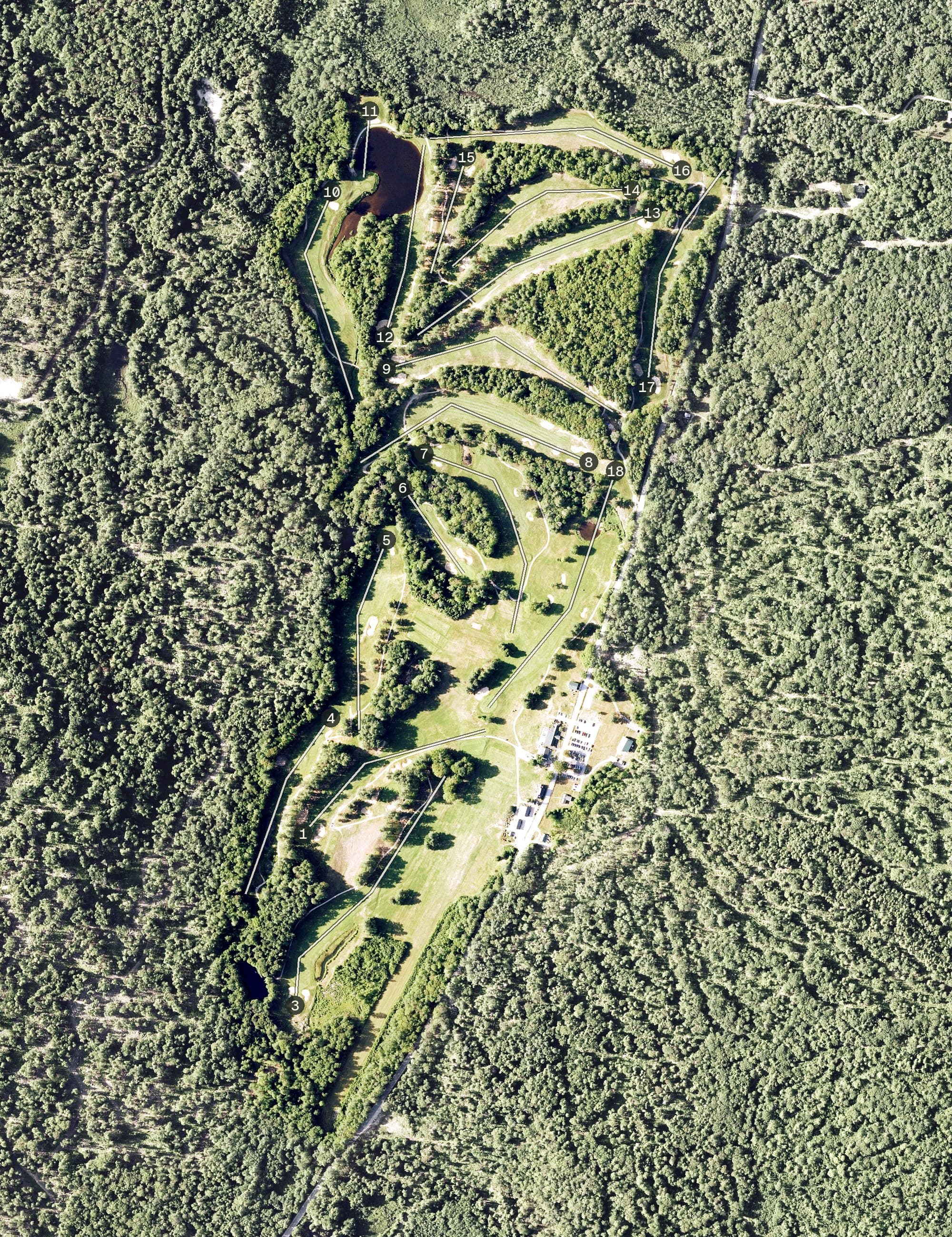 Aerial view of Country Club of New Hampshire, NH, with its hole routing marked