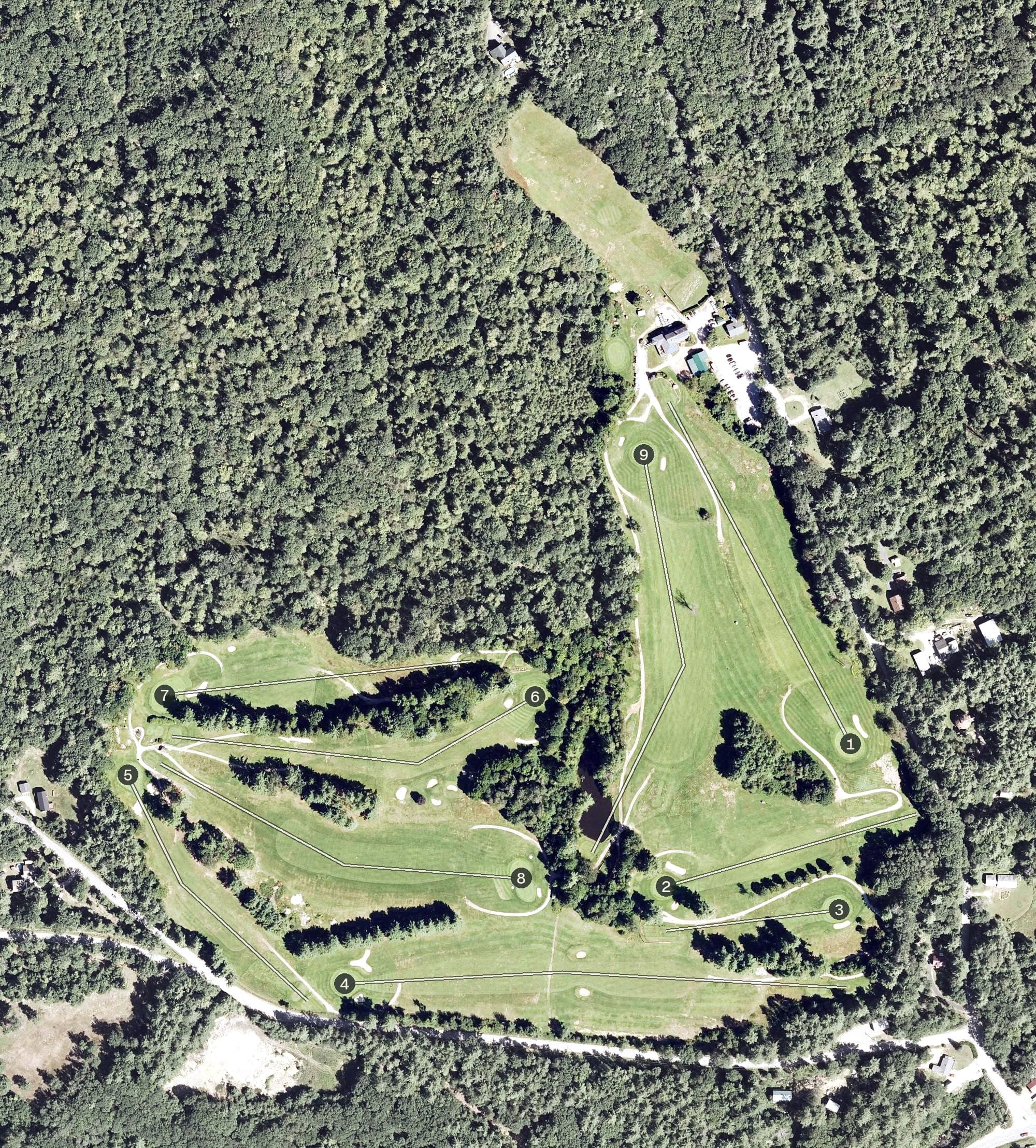 Aerial view of Den Brae Golf Course, NH, with its hole routing marked