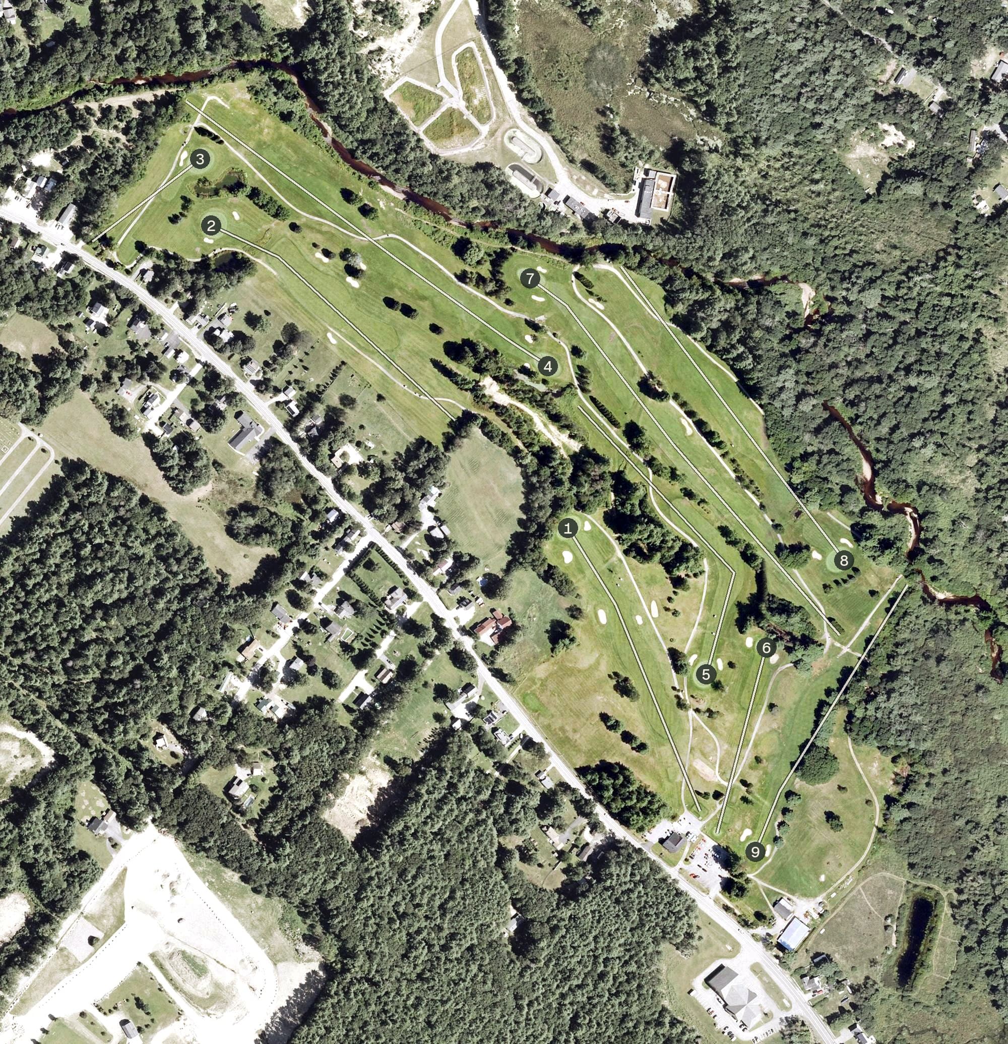 Aerial view of Farmington Country Club, NH, with its hole routing marked