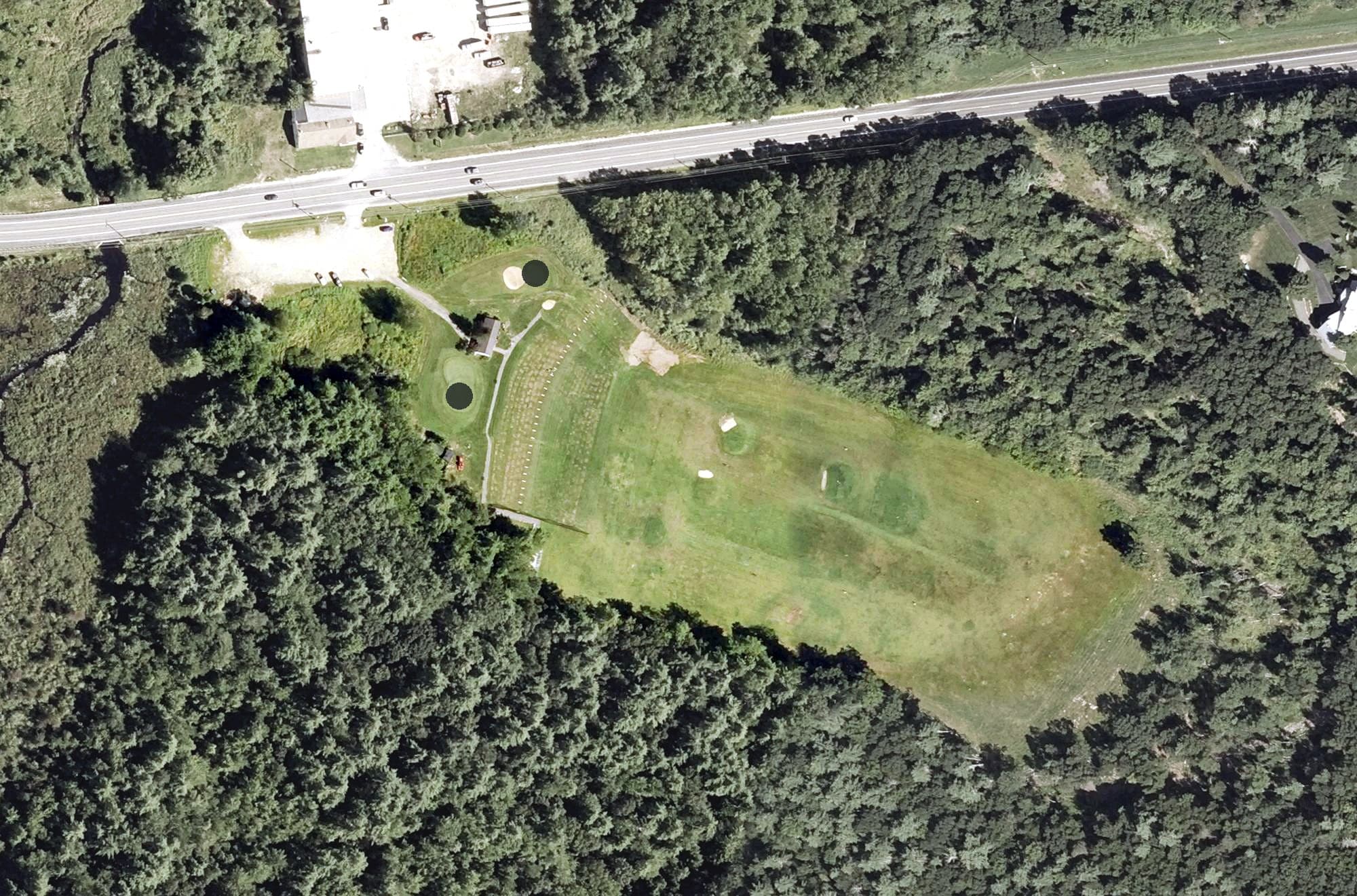 Aerial view of Fore on 4 Driving Range, NH, with its hole routing marked