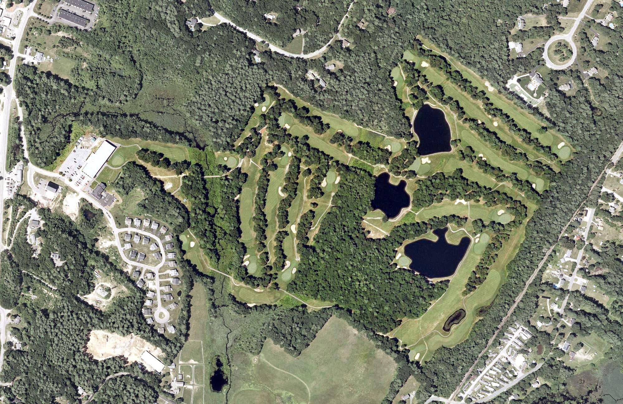 Aerial view of Granite Fields Golf Club, NH, with its hole routing marked