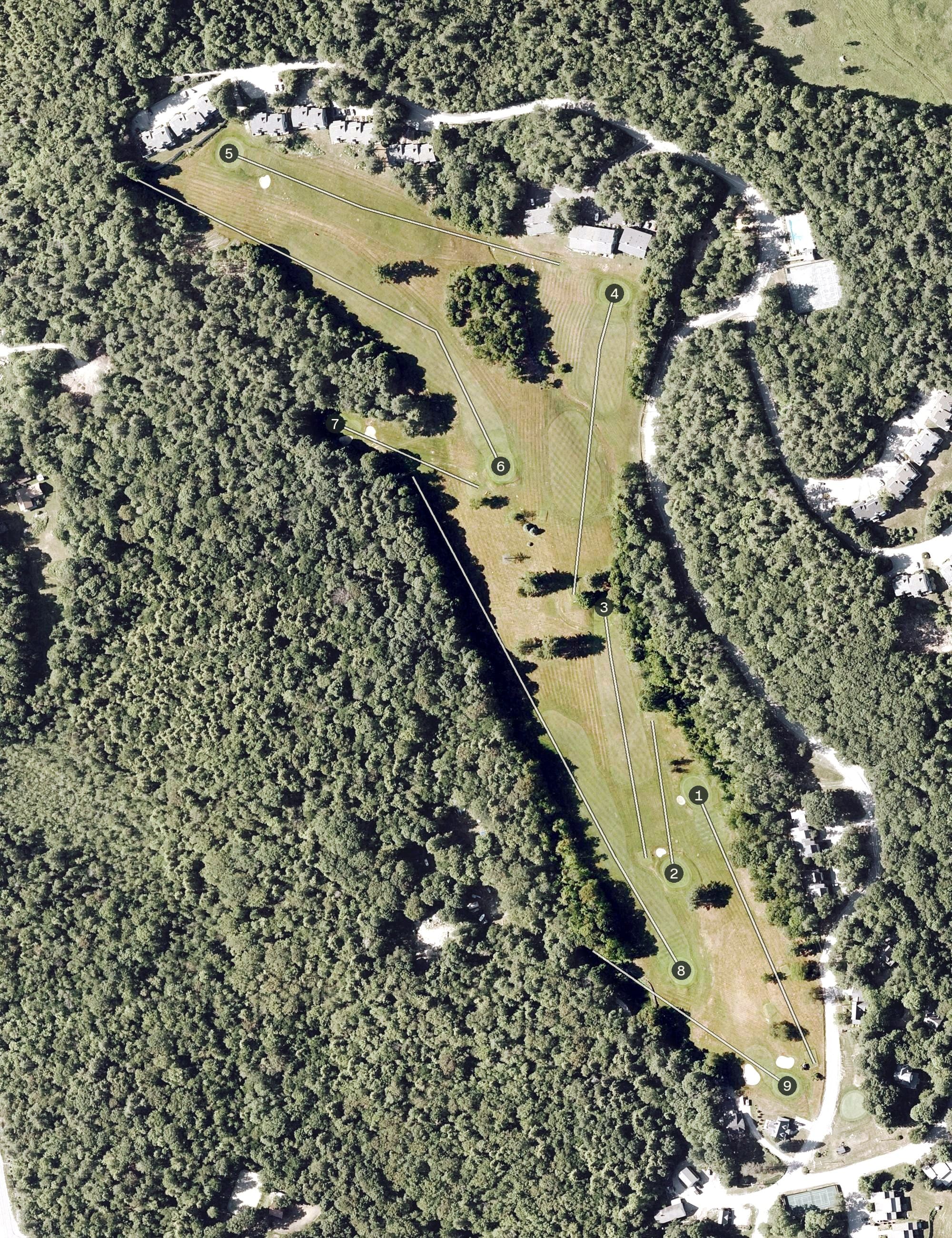 Aerial view of Granliden Golf Course, NH, with its hole routing marked