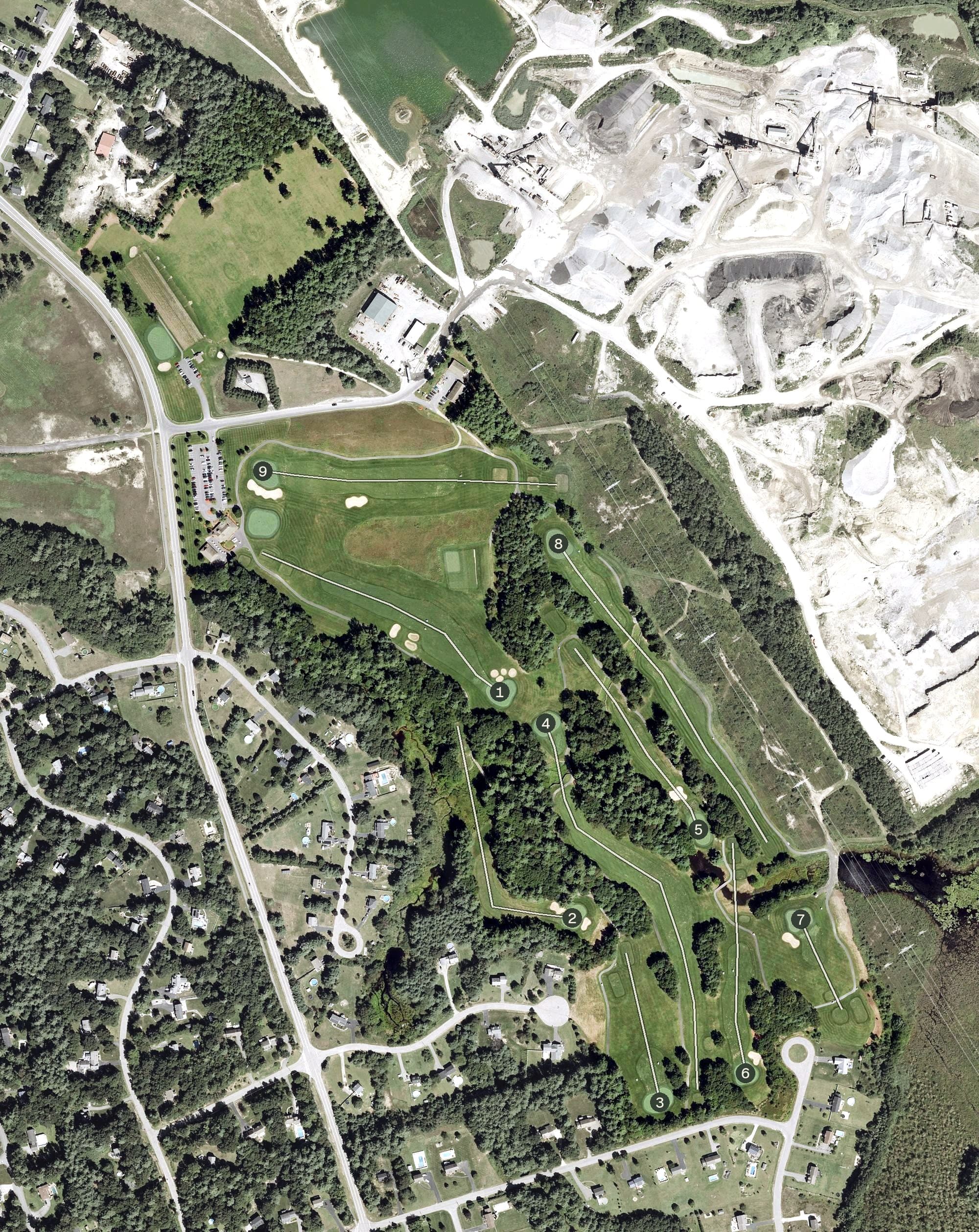Aerial view of Hidden Creek Country Club, NH, with its hole routing marked