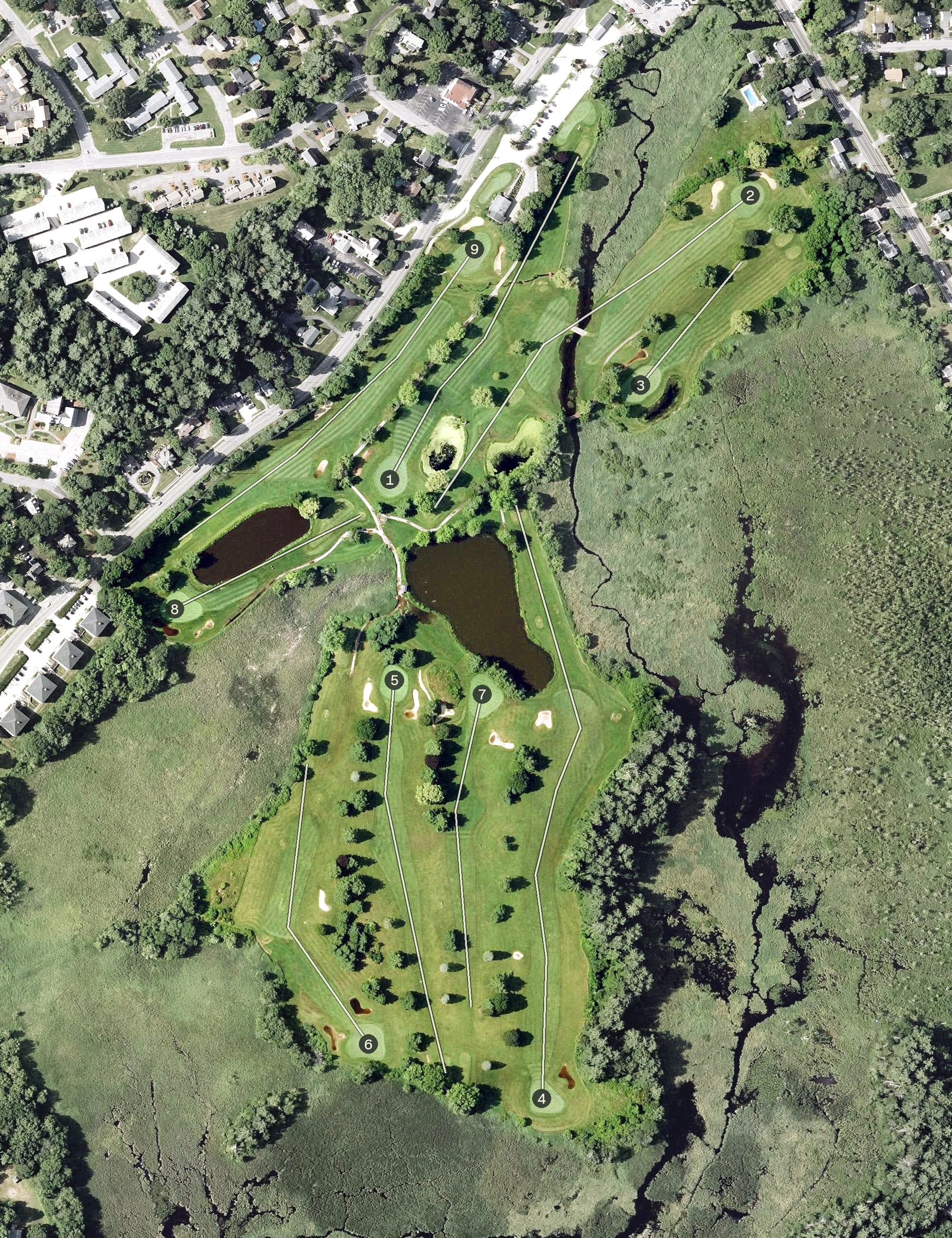 Aerial view of Hoodkroft Country Club, NH, with its hole routing marked