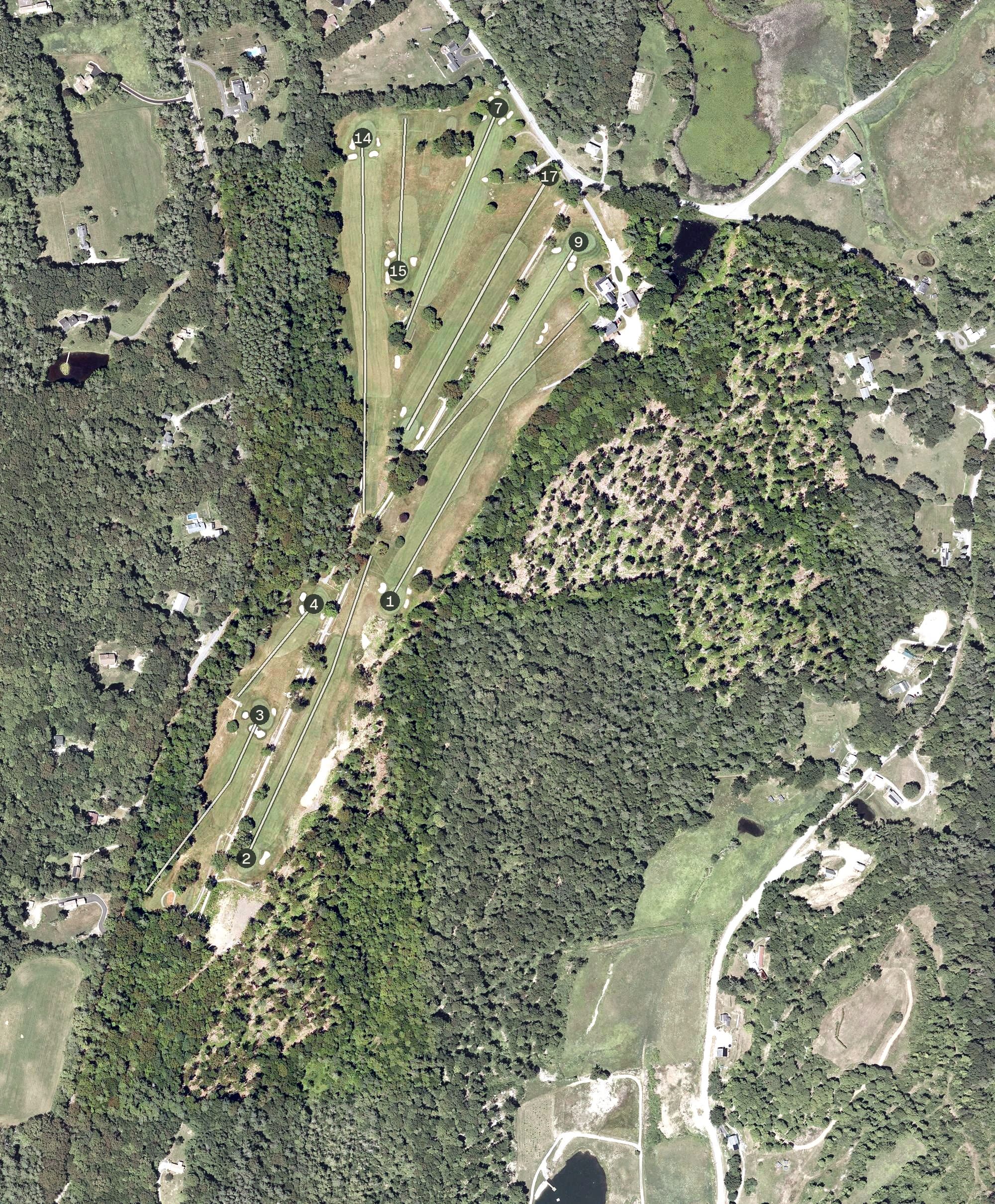 Aerial view of Hooper Golf Course, NH, with its hole routing marked