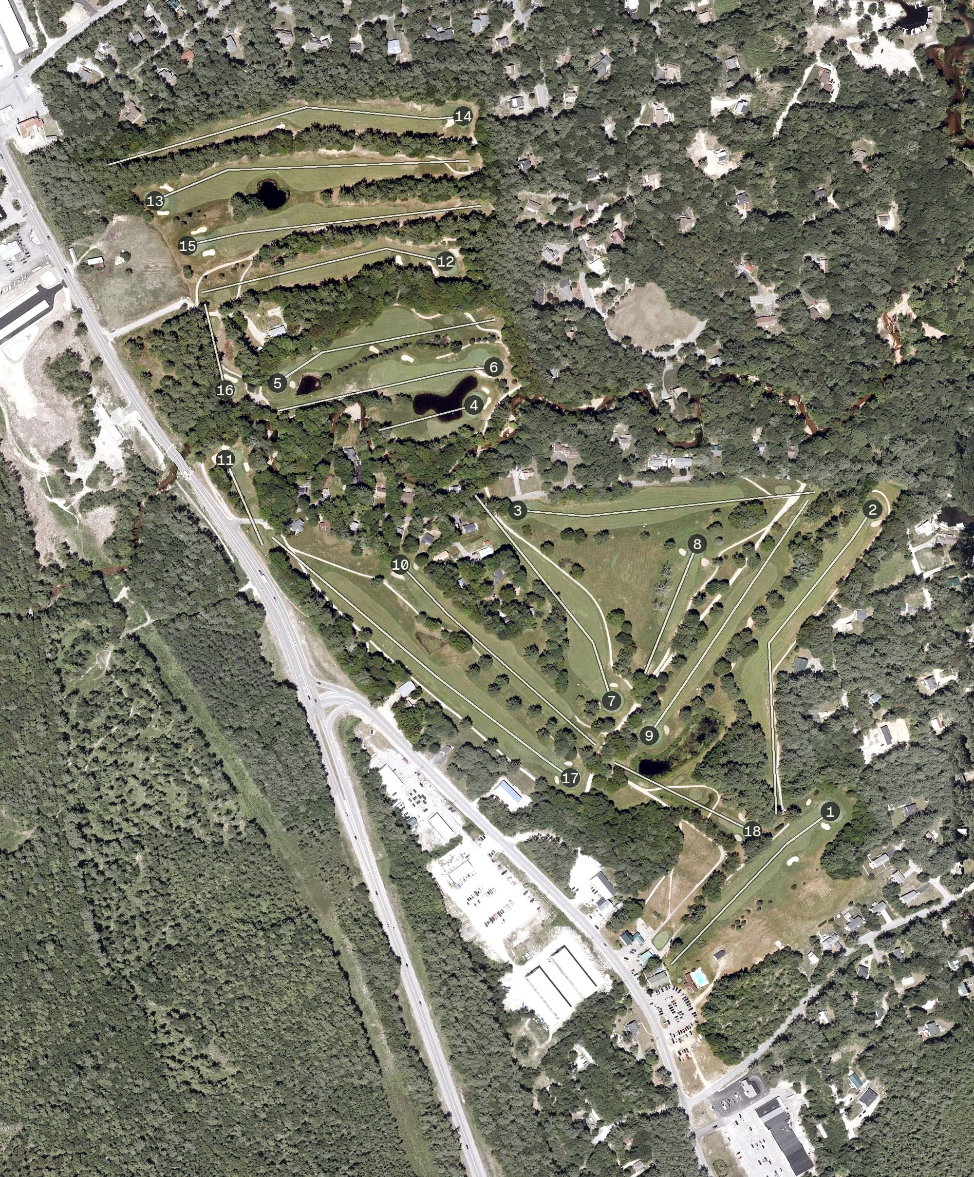 Aerial view of Indian Mound Golf Course, NH, with its hole routing marked