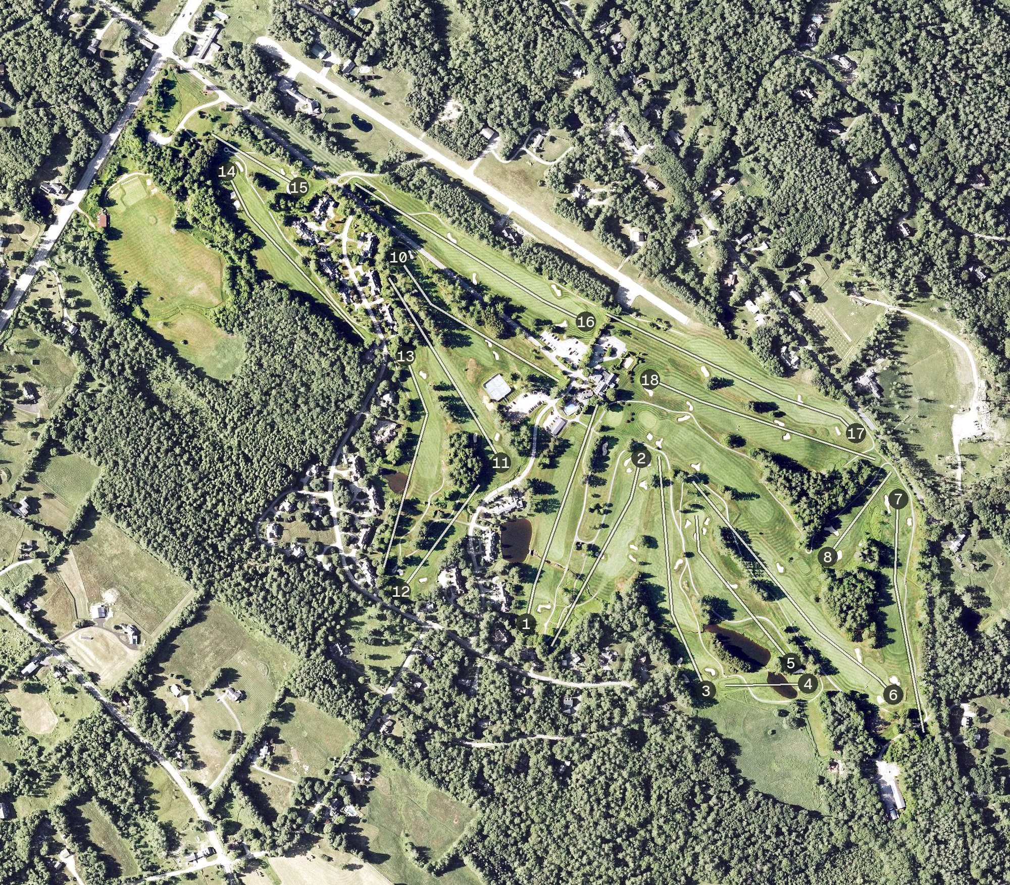Aerial view of Lake Sunapee Country Club, NH, with its hole routing marked