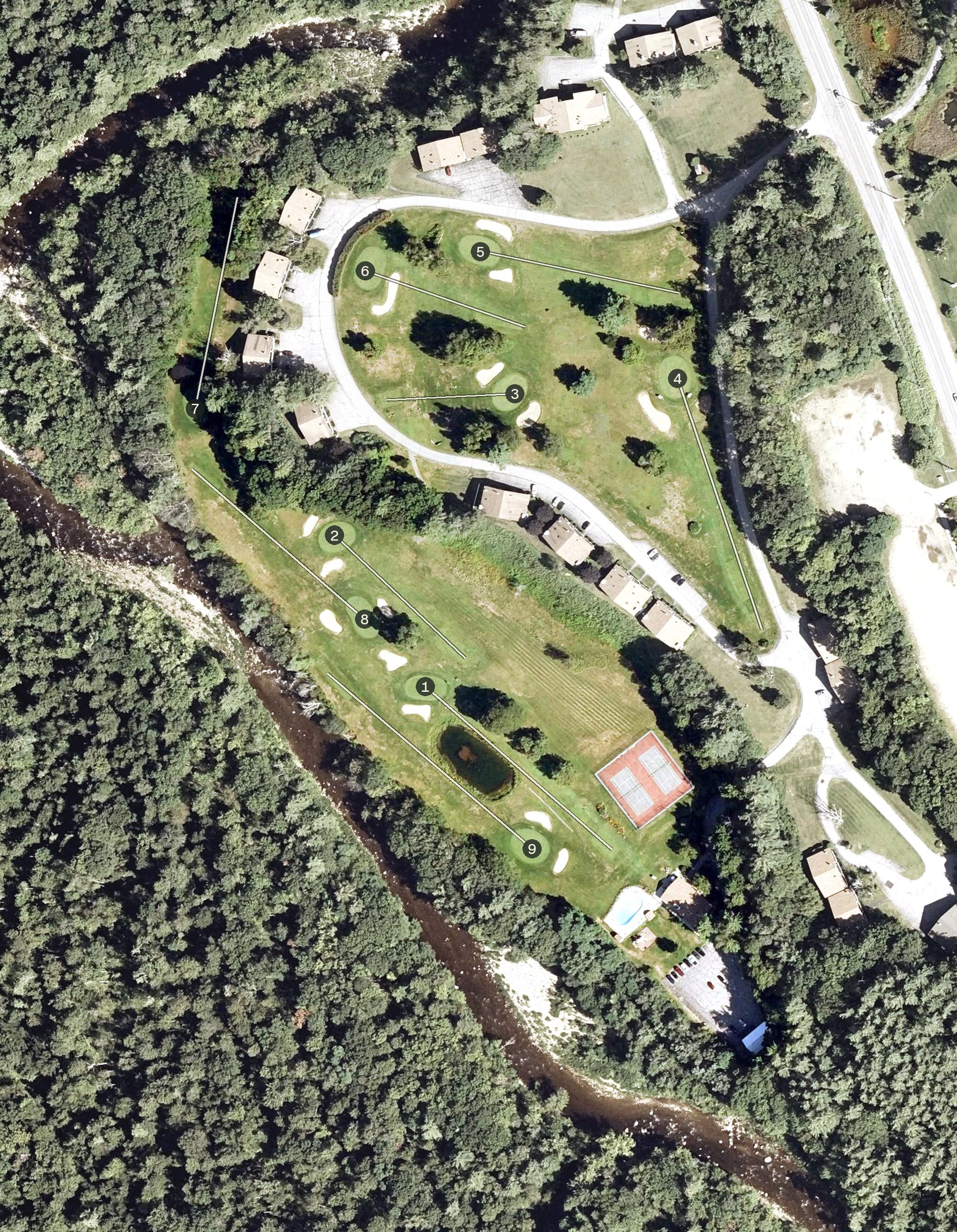 Aerial view of Linderhof Country Club, NH, with its hole routing marked