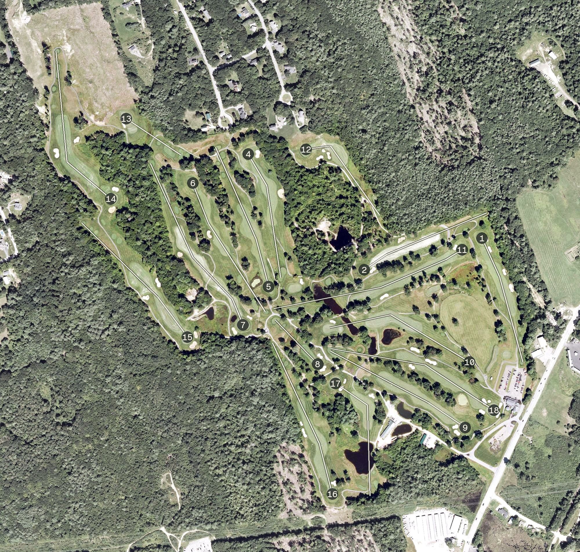 Aerial view of Lochmere Golf & Country Club, NH, with its hole routing marked