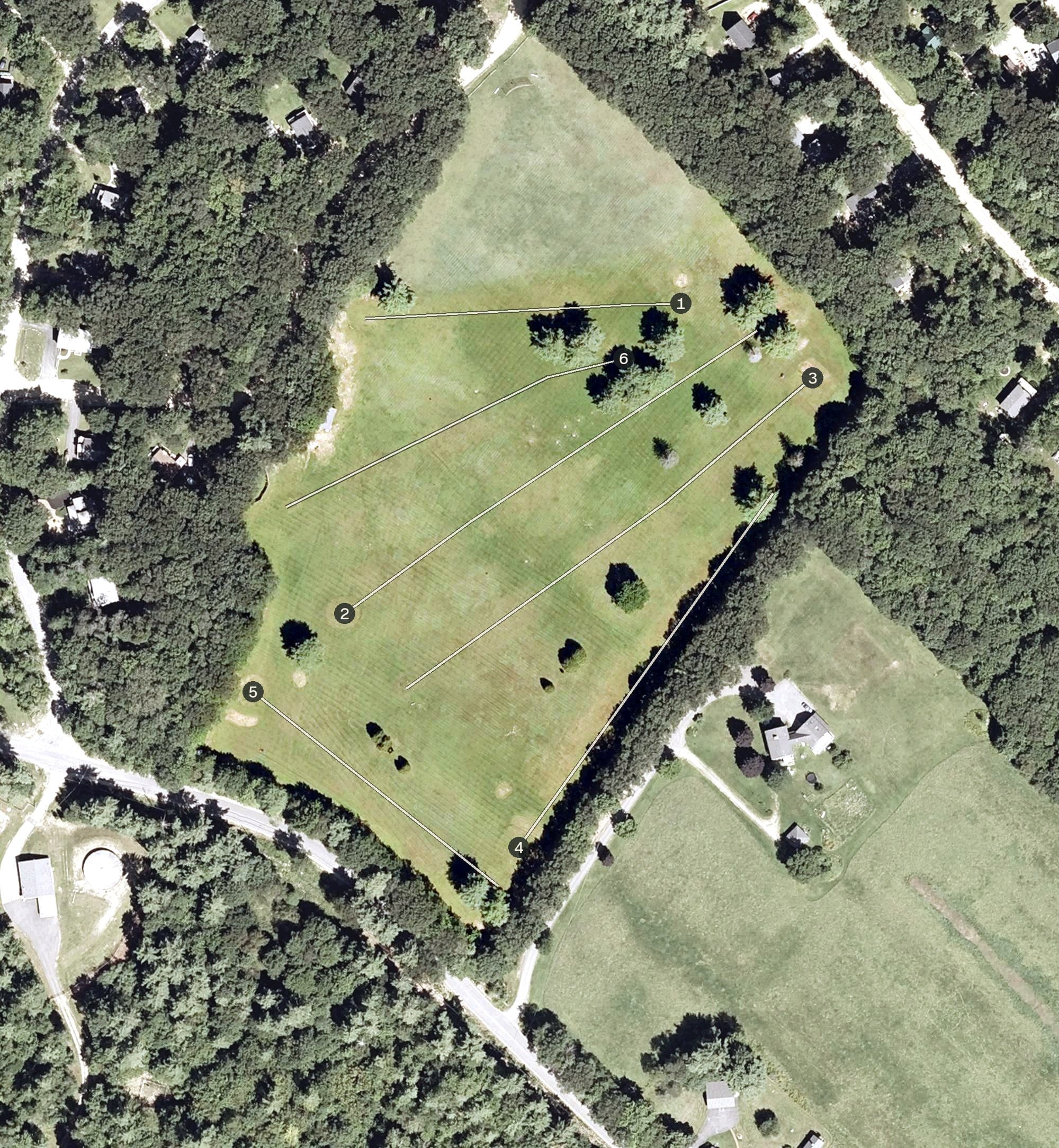 Aerial view of Locke Lake Links, NH, with its hole routing marked
