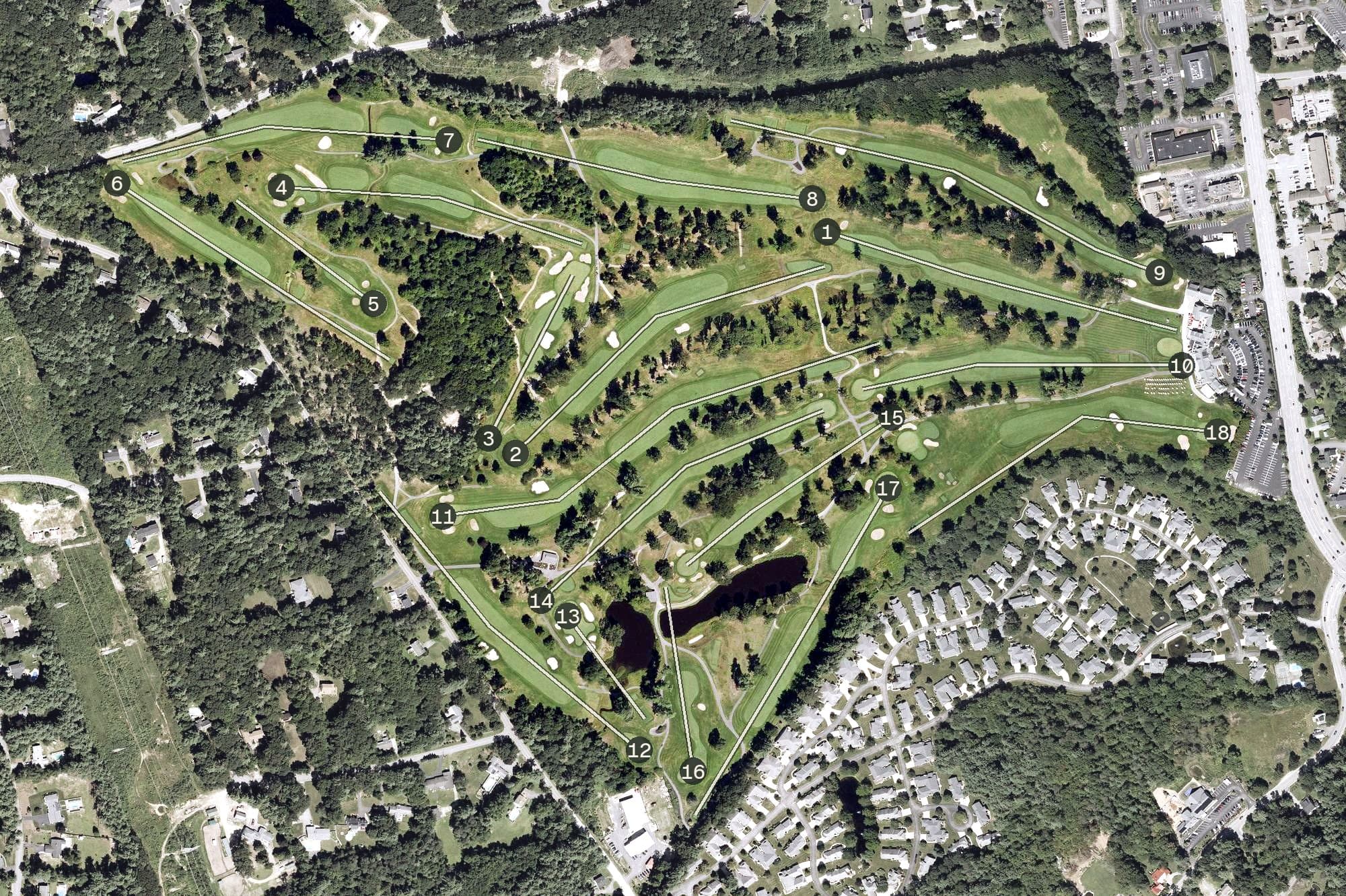 Aerial view of Manchester Country Club, NH, with its hole routing marked