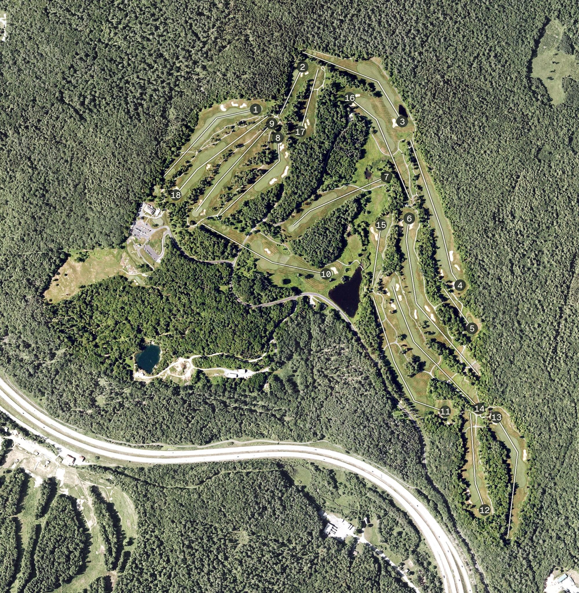 Aerial view of Montcalm Golf Club, NH, with its hole routing marked