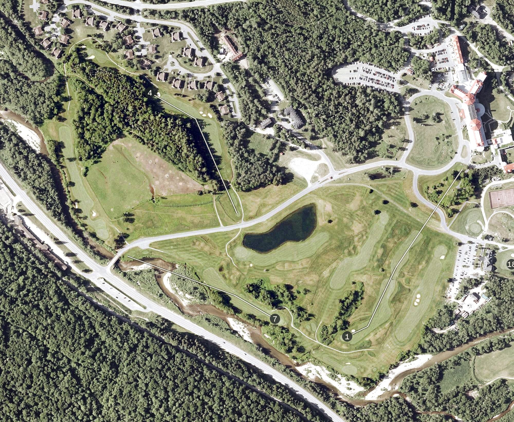 Aerial view of Mount Pleasant Course, NH, with its hole routing marked