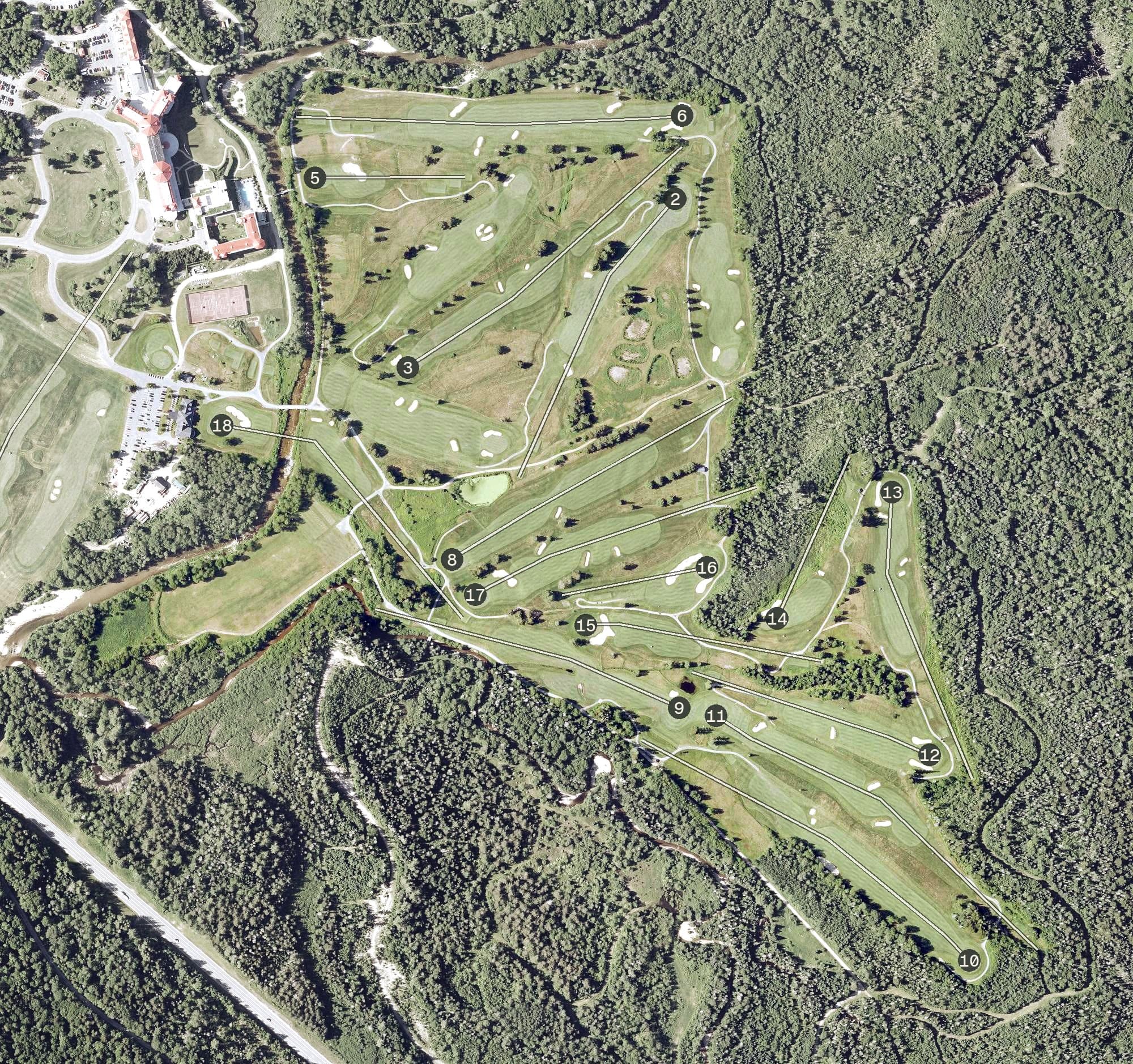 Aerial view of Mount Washington Course, NH, with its hole routing marked