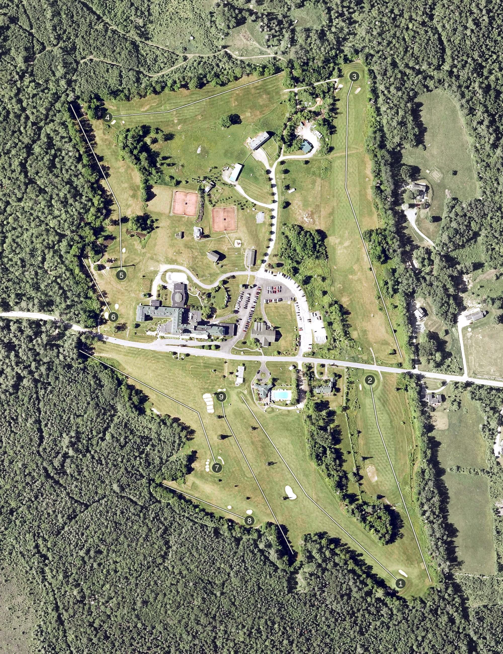 Aerial view of Mountain View Grand Golf Course, NH, with its hole routing marked