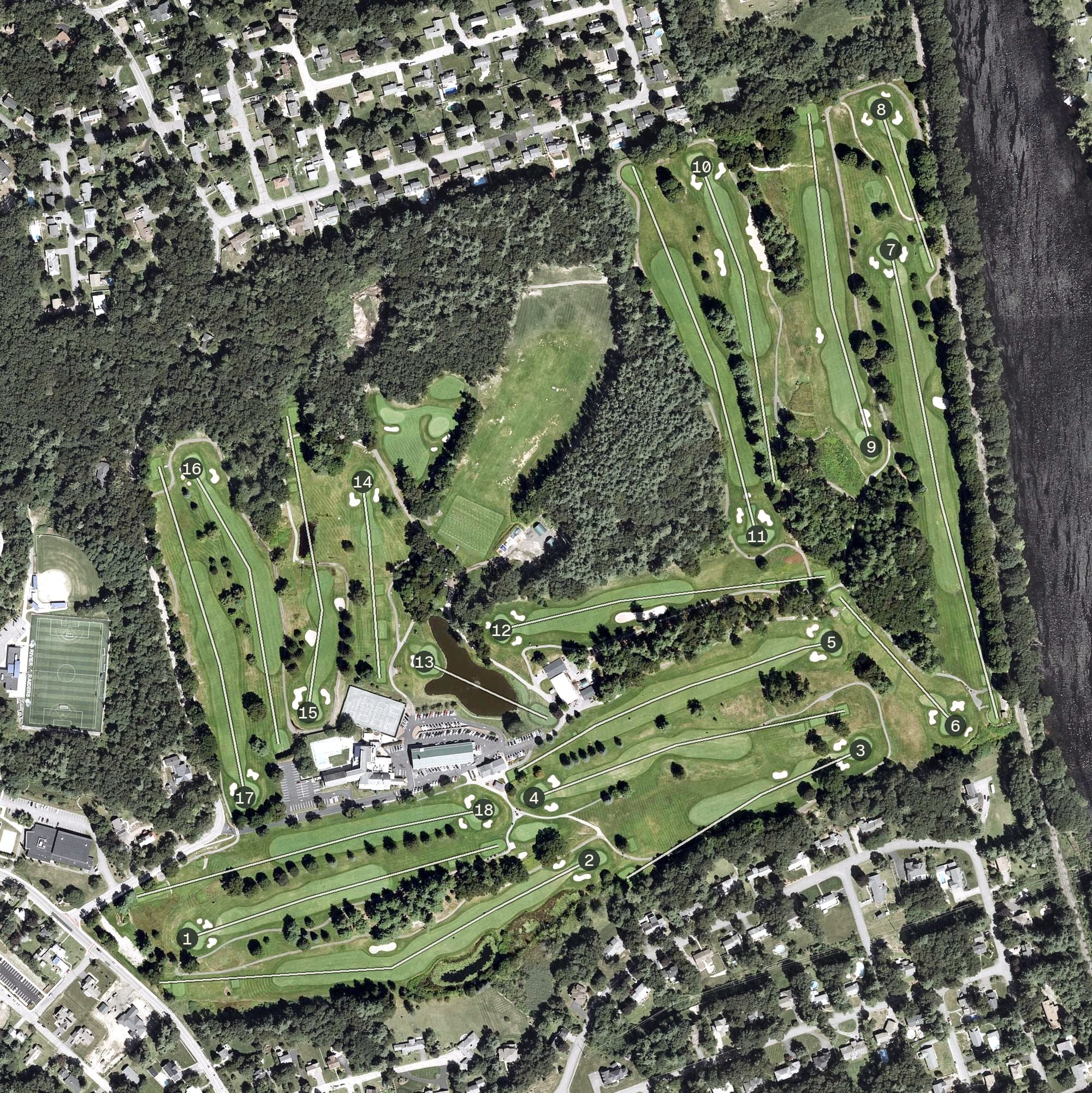 Aerial view of Nashua Country Club, NH, with its hole routing marked