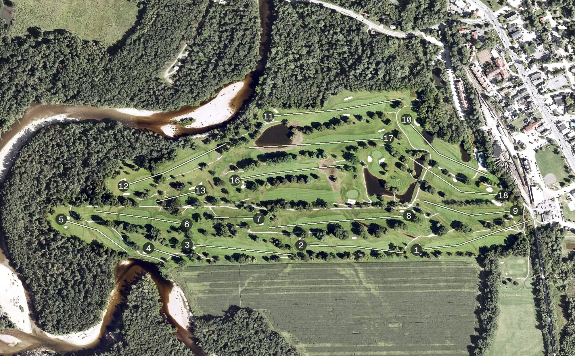 Aerial view of North Conway Country Club, NH, with its hole routing marked