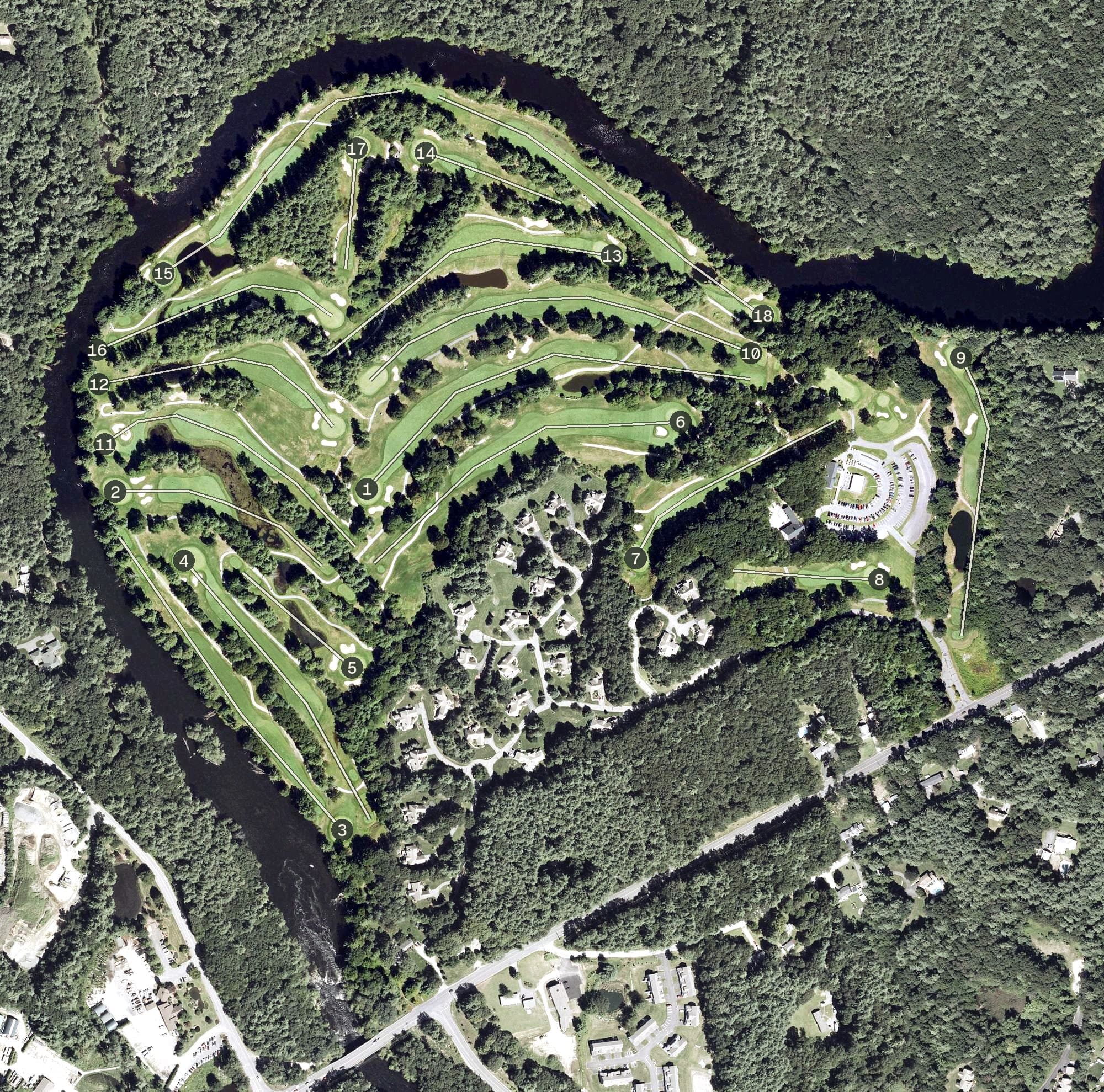 Aerial view of Overlook Golf Club, NH, with its hole routing marked