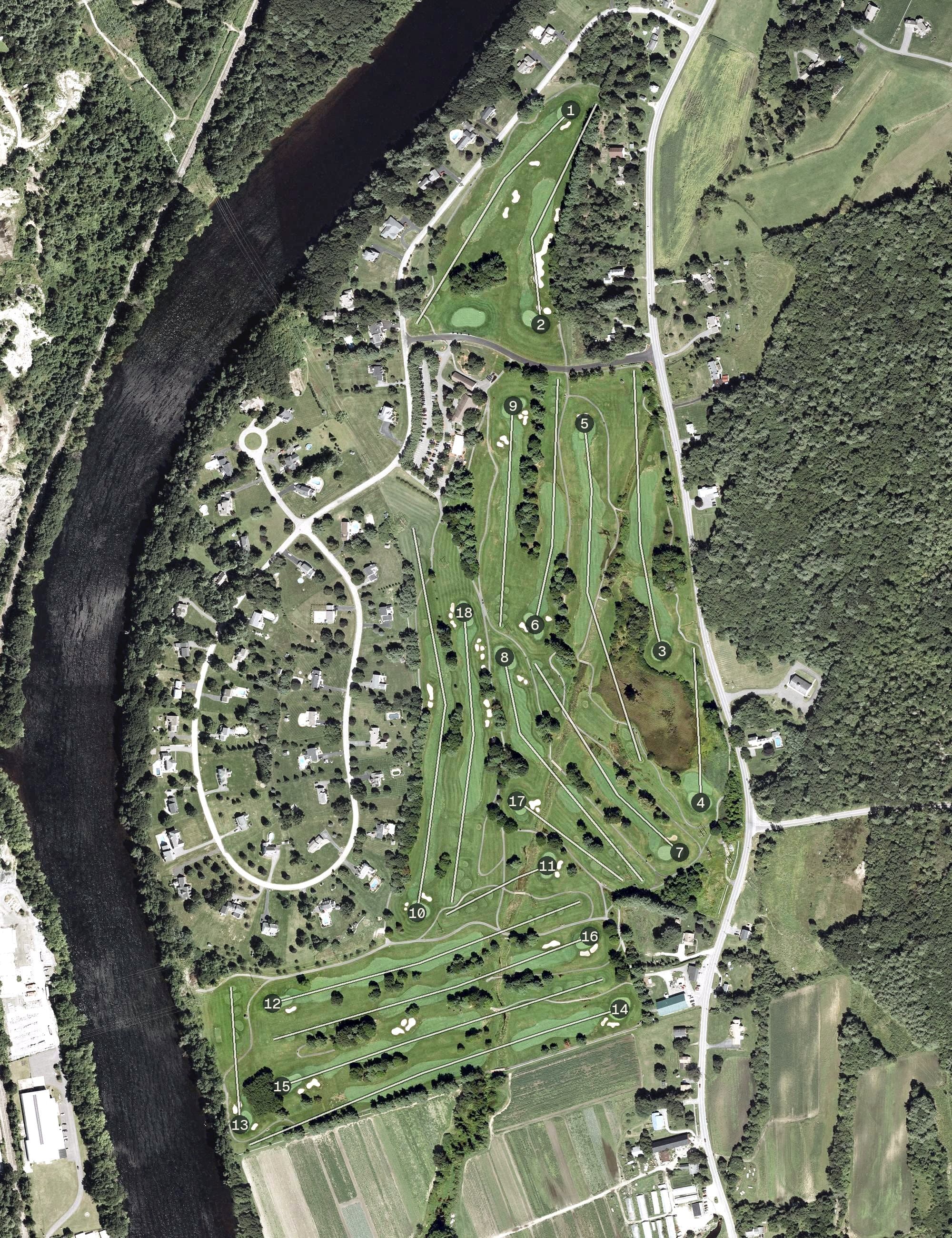 Aerial view of Passaconaway Country Club, NH, with its hole routing marked