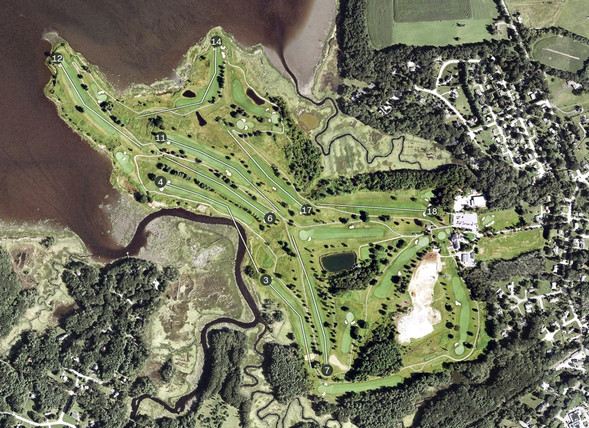 Aerial view of Portsmouth Country Club, NH, with its hole routing marked