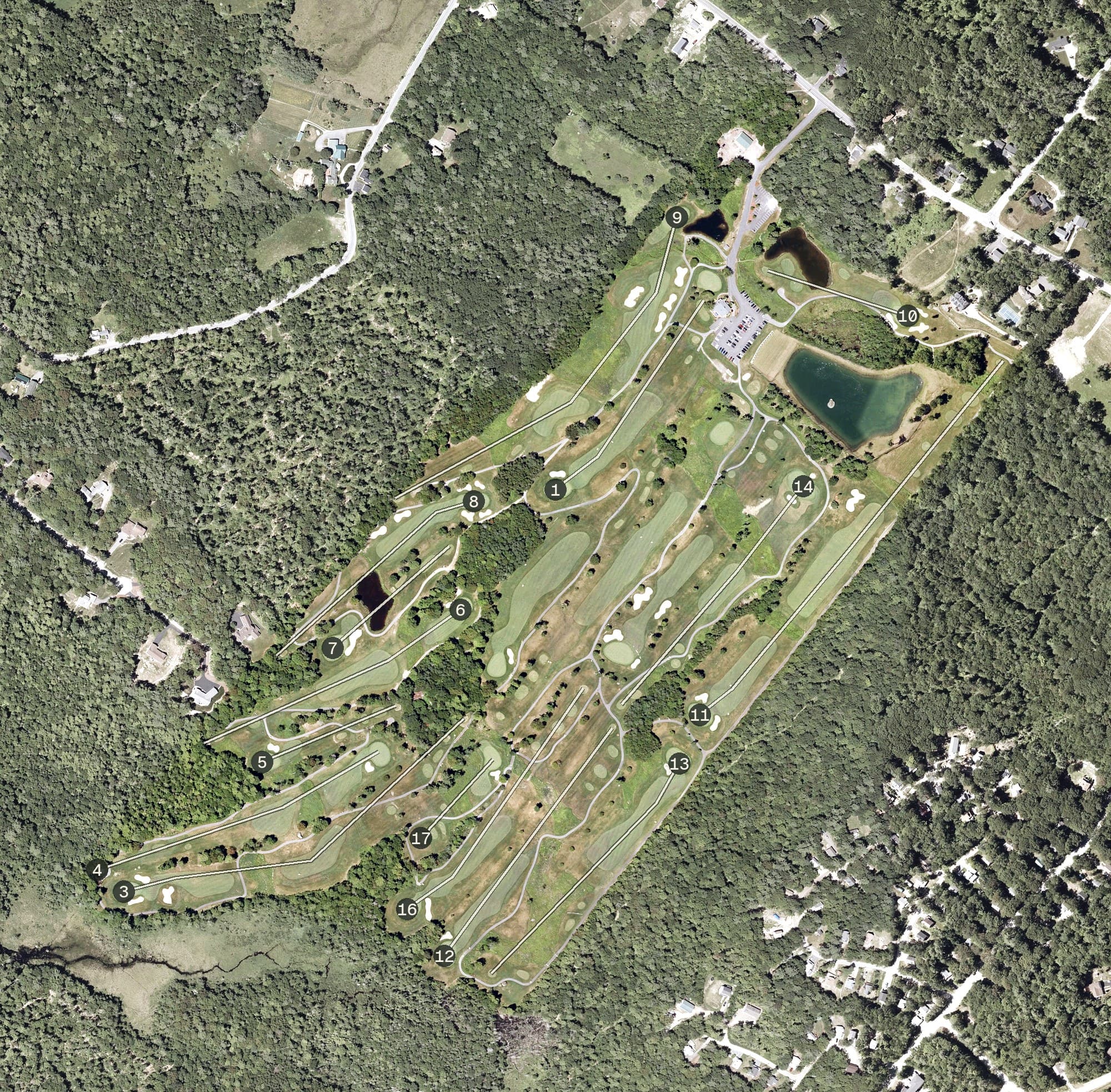 Aerial view of Ridgewood Country Club, NH, with its hole routing marked