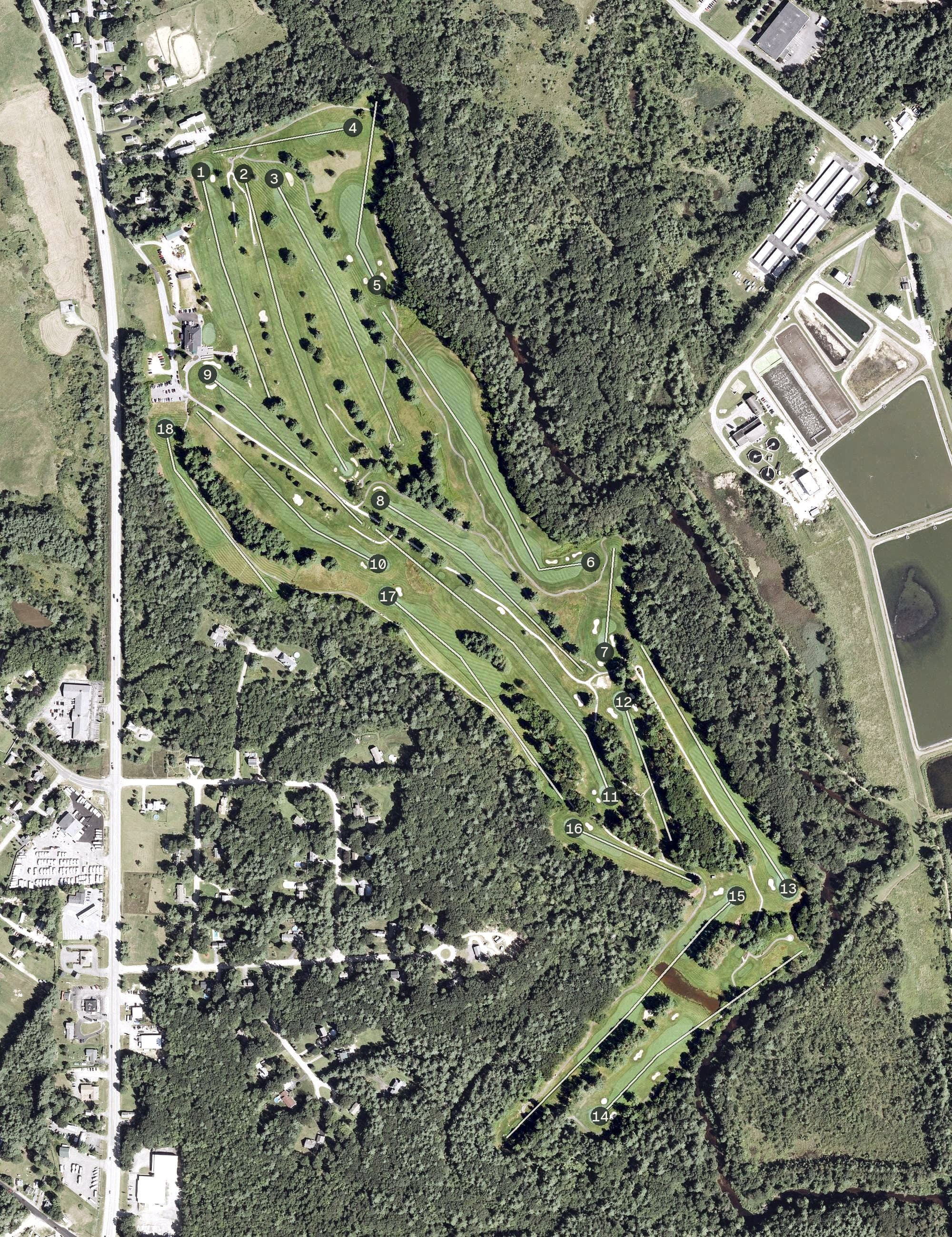 Aerial view of Rochester Country Club, NH, with its hole routing marked
