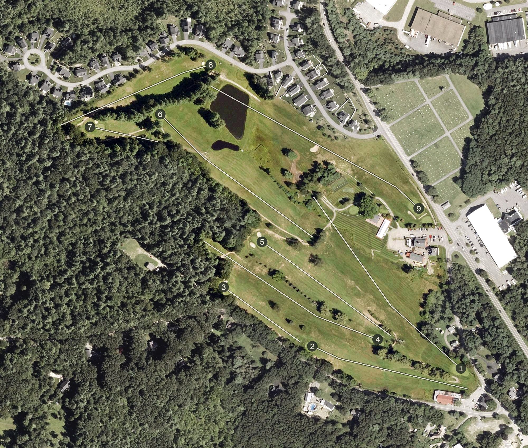 Aerial view of Rockingham Country Club, NH, with its hole routing marked