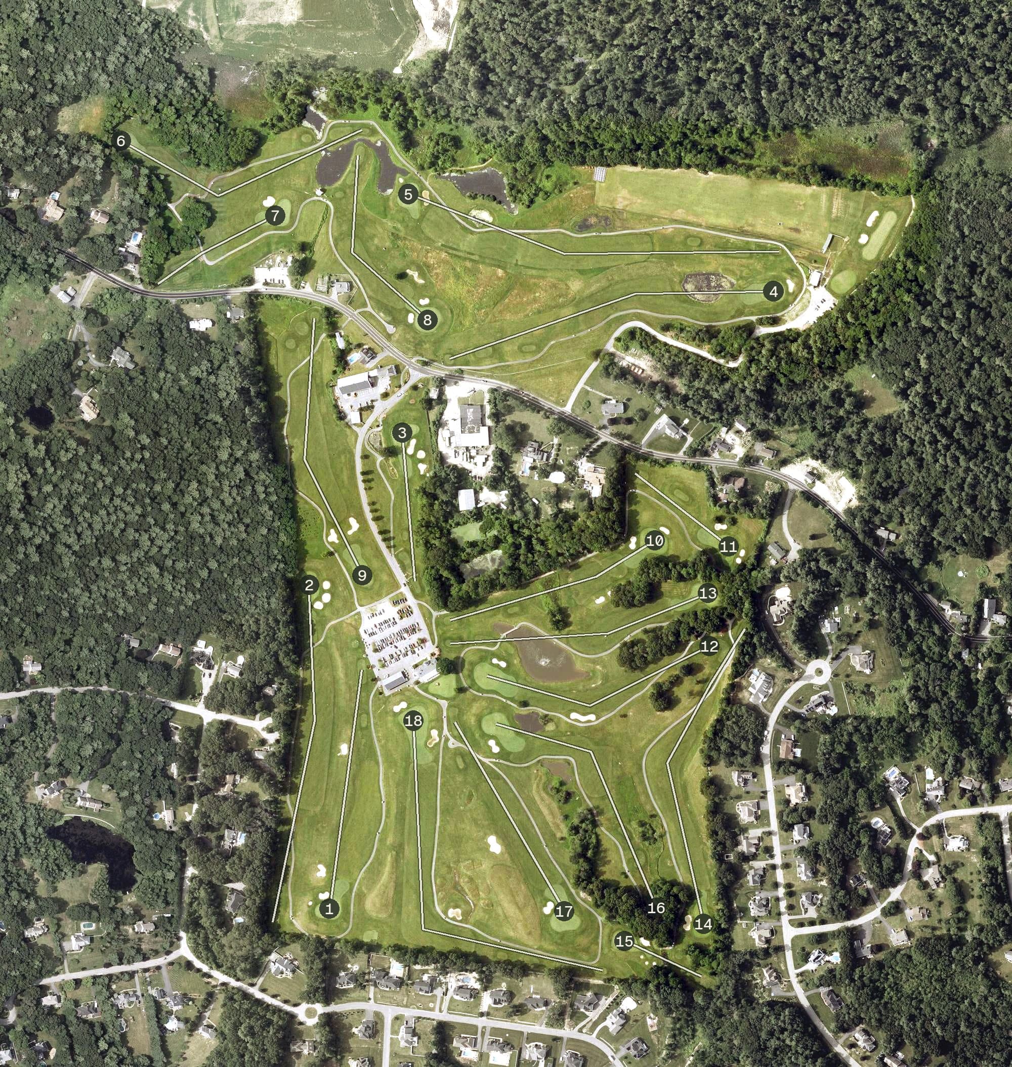 Aerial view of Scottish Highlands, NH, with its hole routing marked