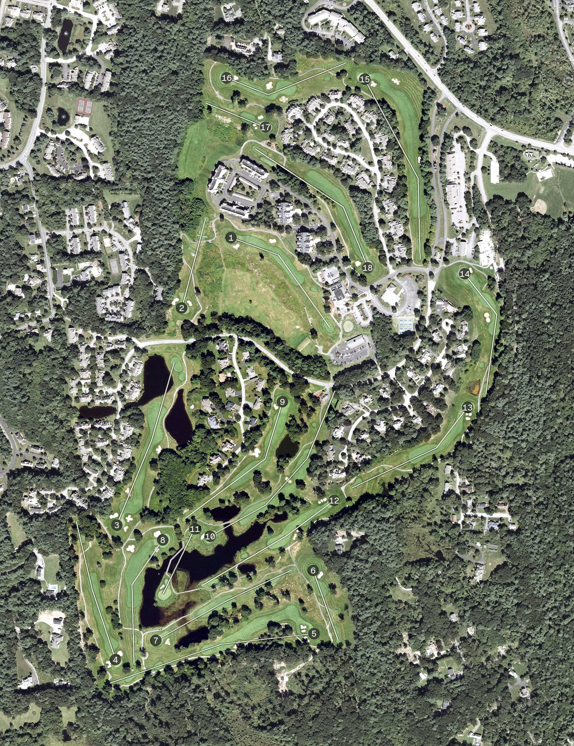 Aerial view of Sky Meadow Country Club, NH, with its hole routing marked