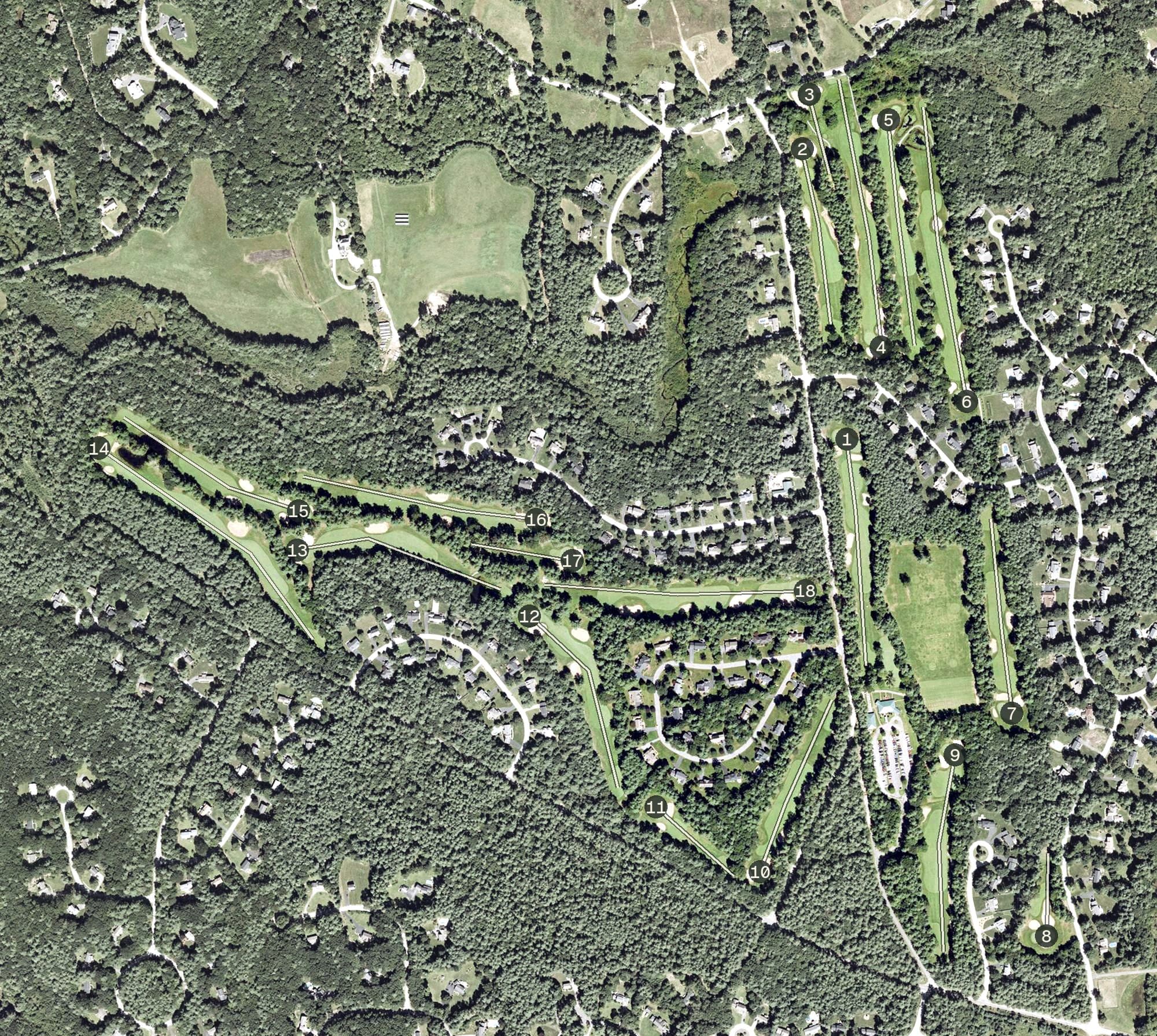 Aerial view of Souhegan Woods Golf Club, NH, with its hole routing marked