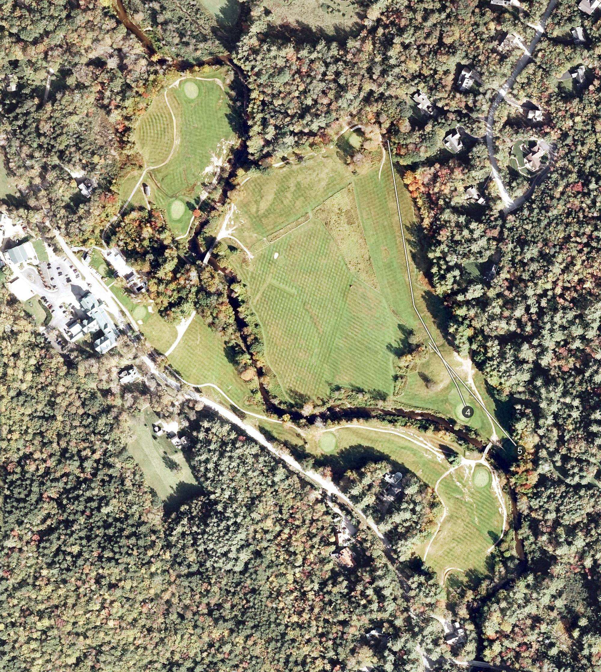 Aerial view of The Eagle Mountain House & Golf Club, NH, with its hole routing marked