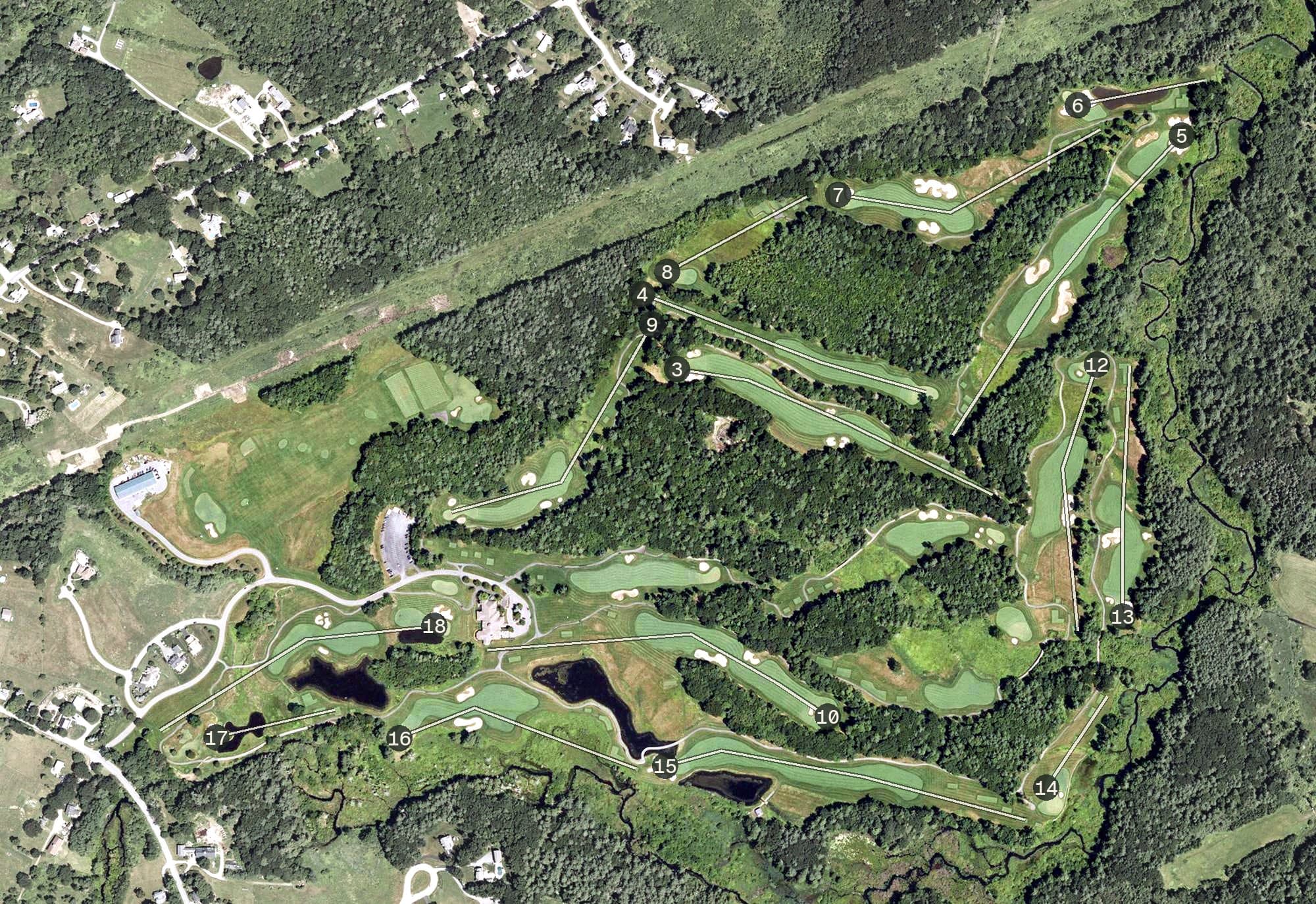 Aerial view of The Golf Club of New England, NH, with its hole routing marked