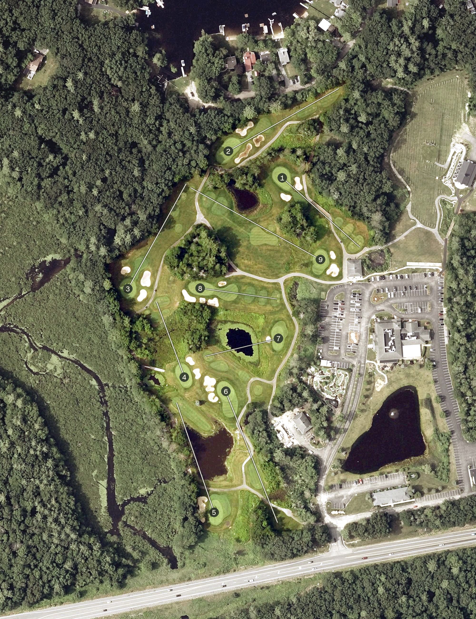 Aerial view of The Links - LaBelle Winery Golf Course, NH, with its hole routing marked