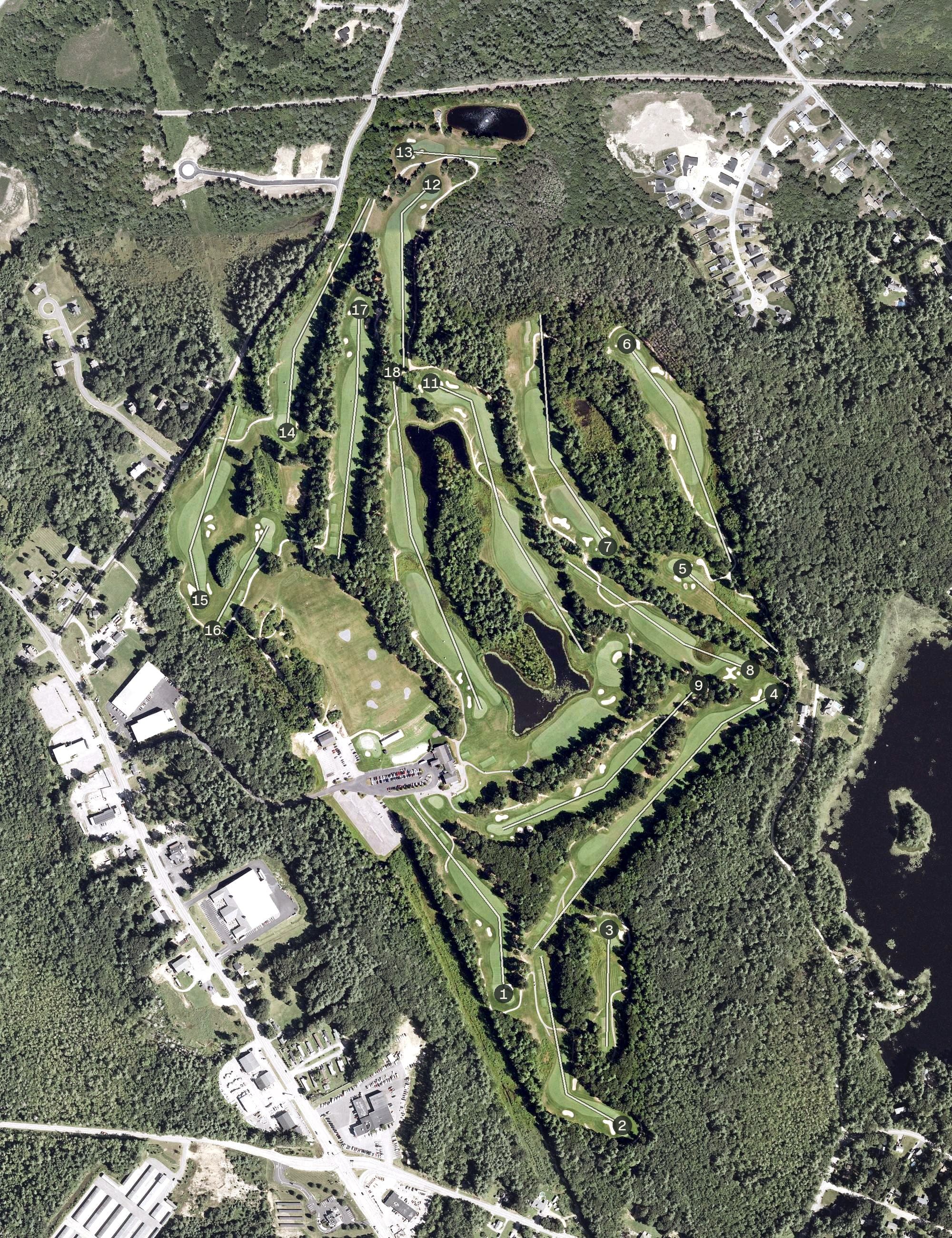Aerial view of The Oaks, NH, with its hole routing marked