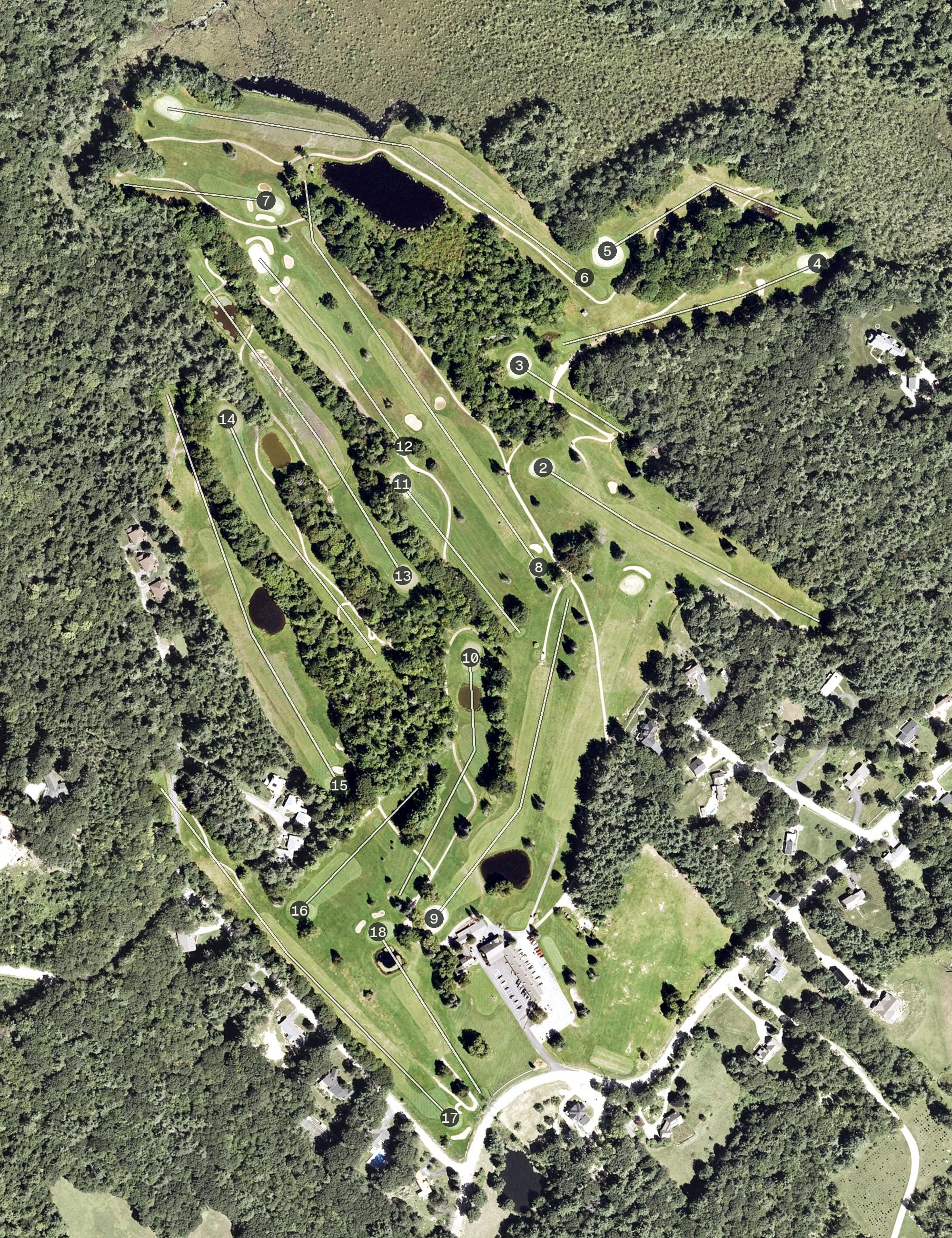 Aerial view of Waukewan Golf Course, NH, with its hole routing marked